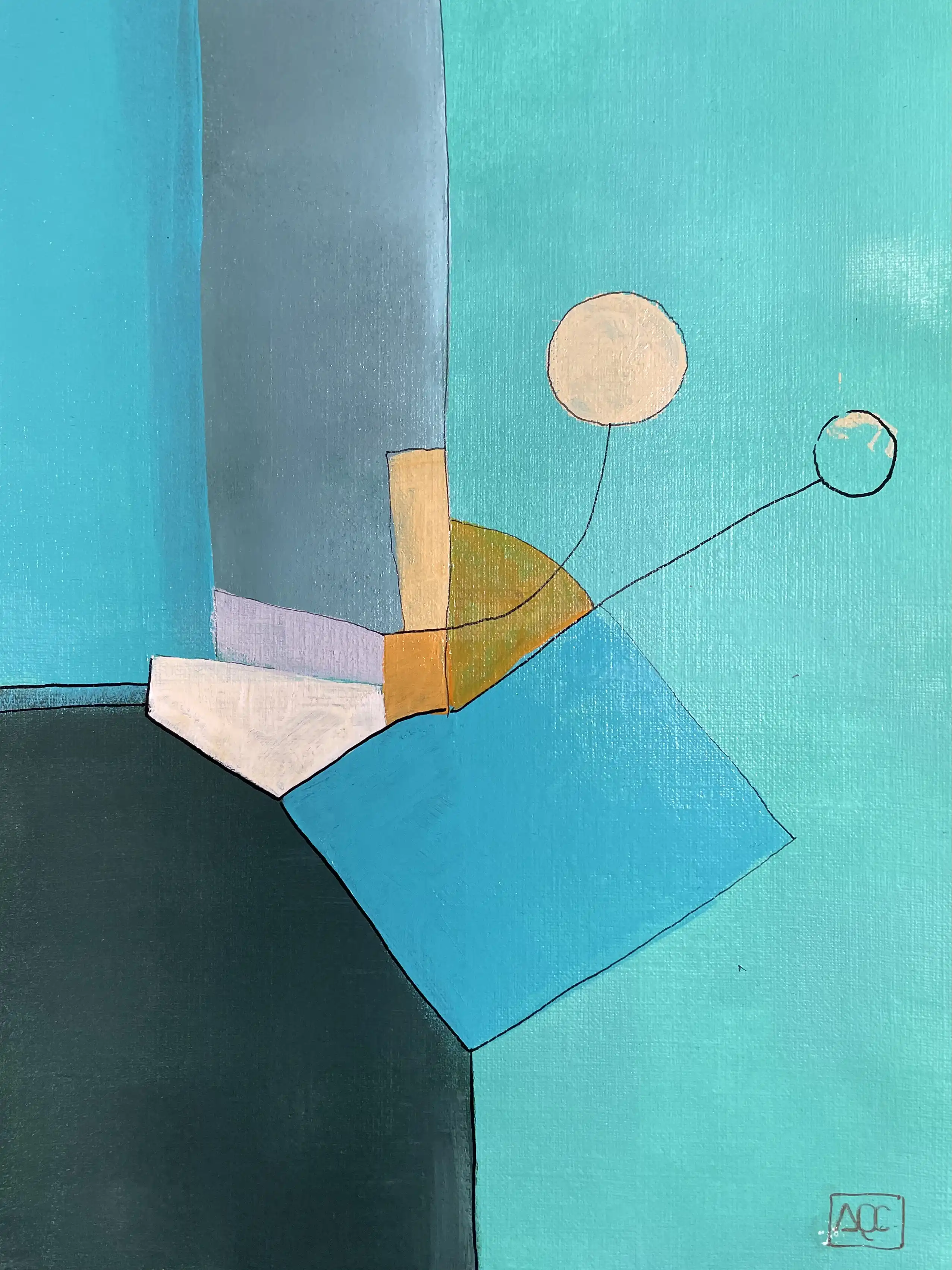 Composition géométrique avec formes bleu-vert, éléments circulaires et accents chauds traduisant l'harmonie de Fa dièse mineur