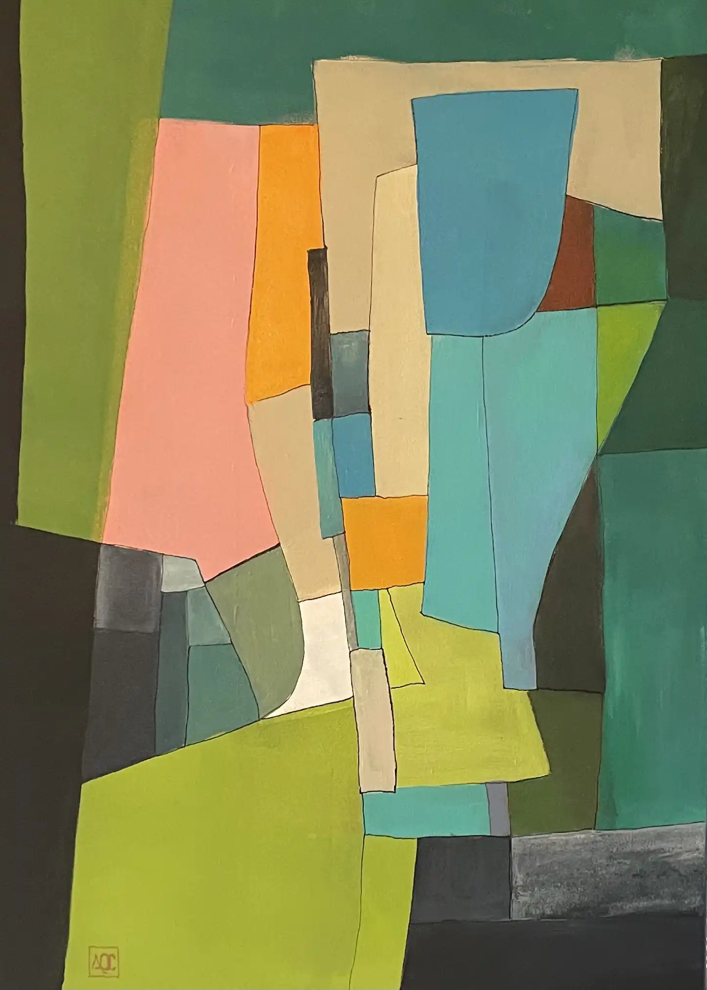 Peinture acrylique avec formes géométriques qui se chevauchent dans des tons jaune-vert, jaune, et bleu-vert sur toile de lin