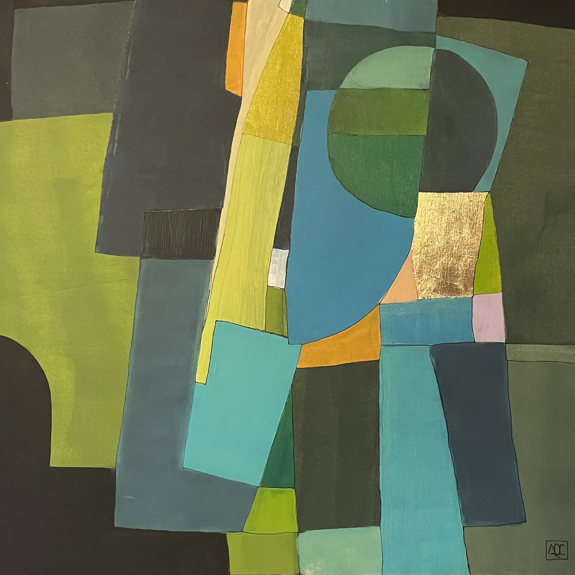 Peinture abstraite géométrique avec des formes jaune-vert, jaunes et bleu-verts se superposant sur une toile carrée