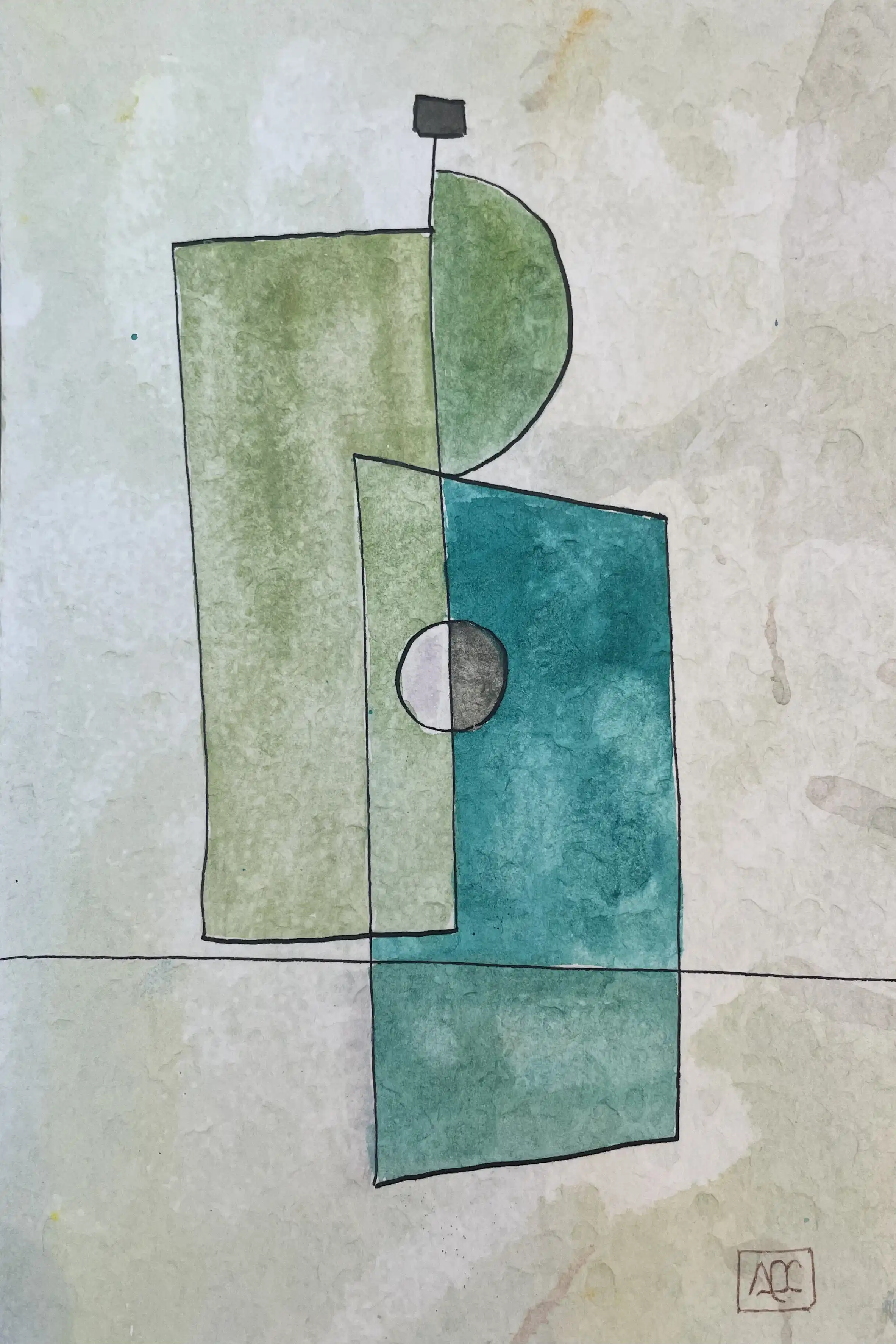 Peinture aquarelle avec formes géométriques vertes : formes rectangulaires et courbes en tons jaune-vert et bleu-vert