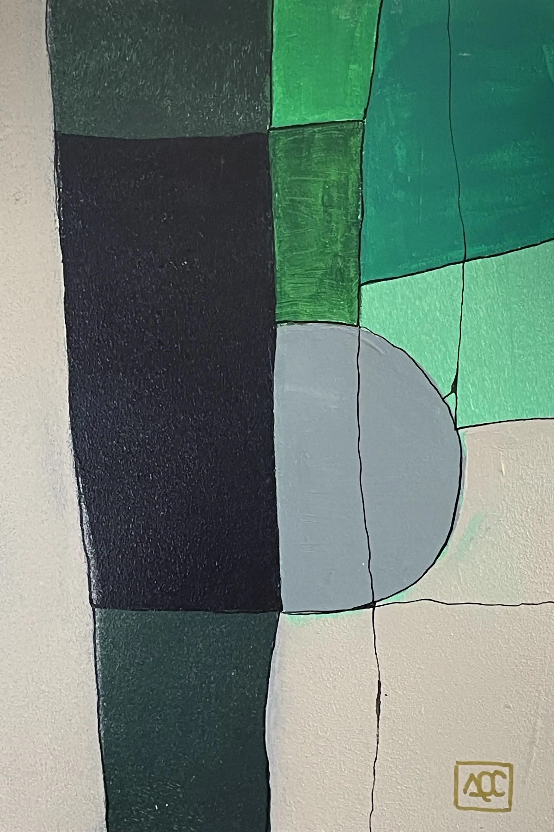 Fa dièse Octaves - Réflexions 24 par Arnaud Quercy chez Art Quam Anima — peinture acrylique sur panneau de bois, Peinture acrylique : verts profonds et noirs avec des gradients vert-gris plus clairs en formes géométriques superposées sur panneau de bois