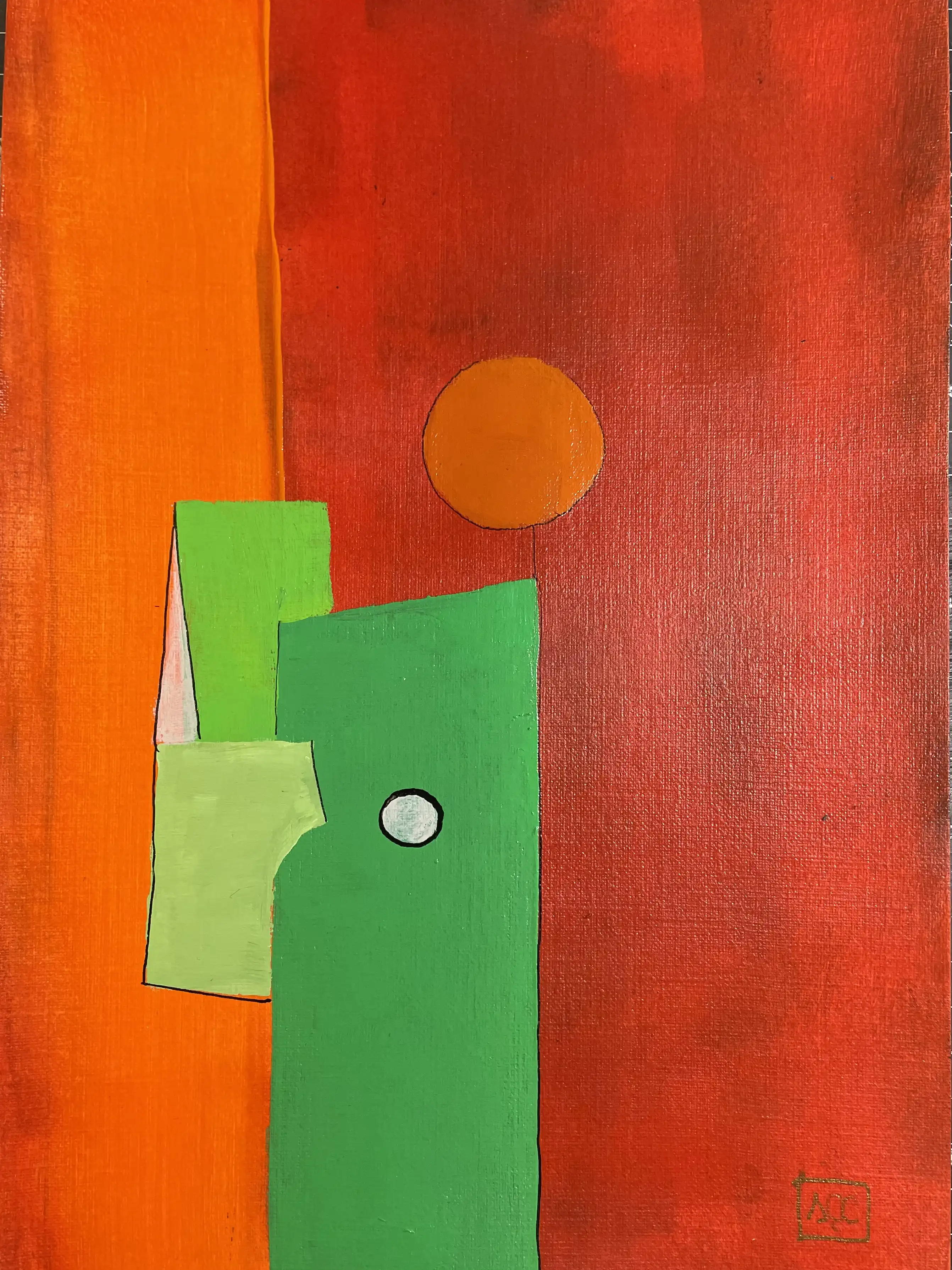 Peinture acrylique avec arrière-plan rouge-orange, formes géométriques vertes et cercle orange montrant la traduction couleur musicale