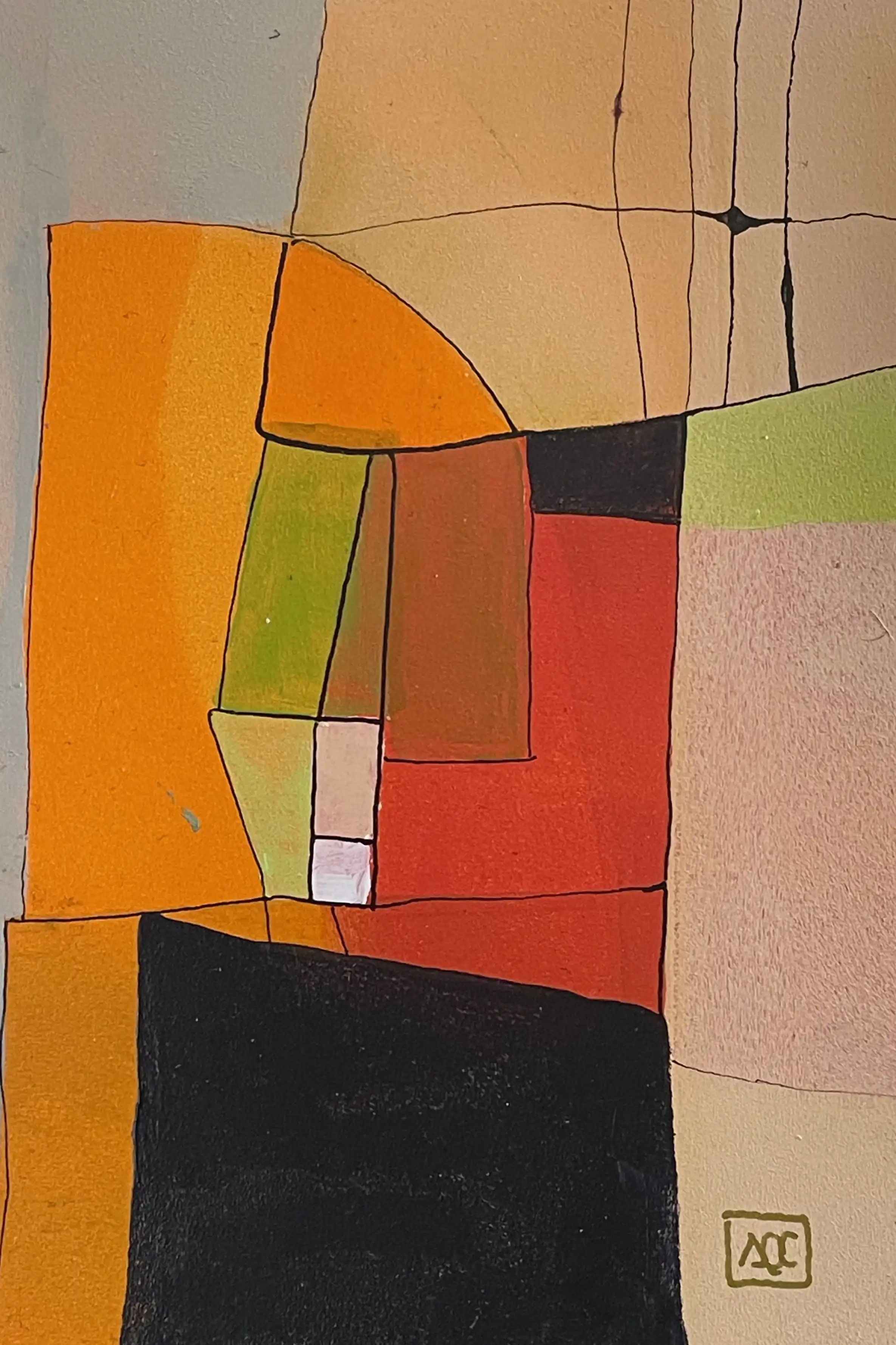 Acrylic painting with geometric color blocks: dark gray, orange, and red-orange forms arranged in overlapping sections