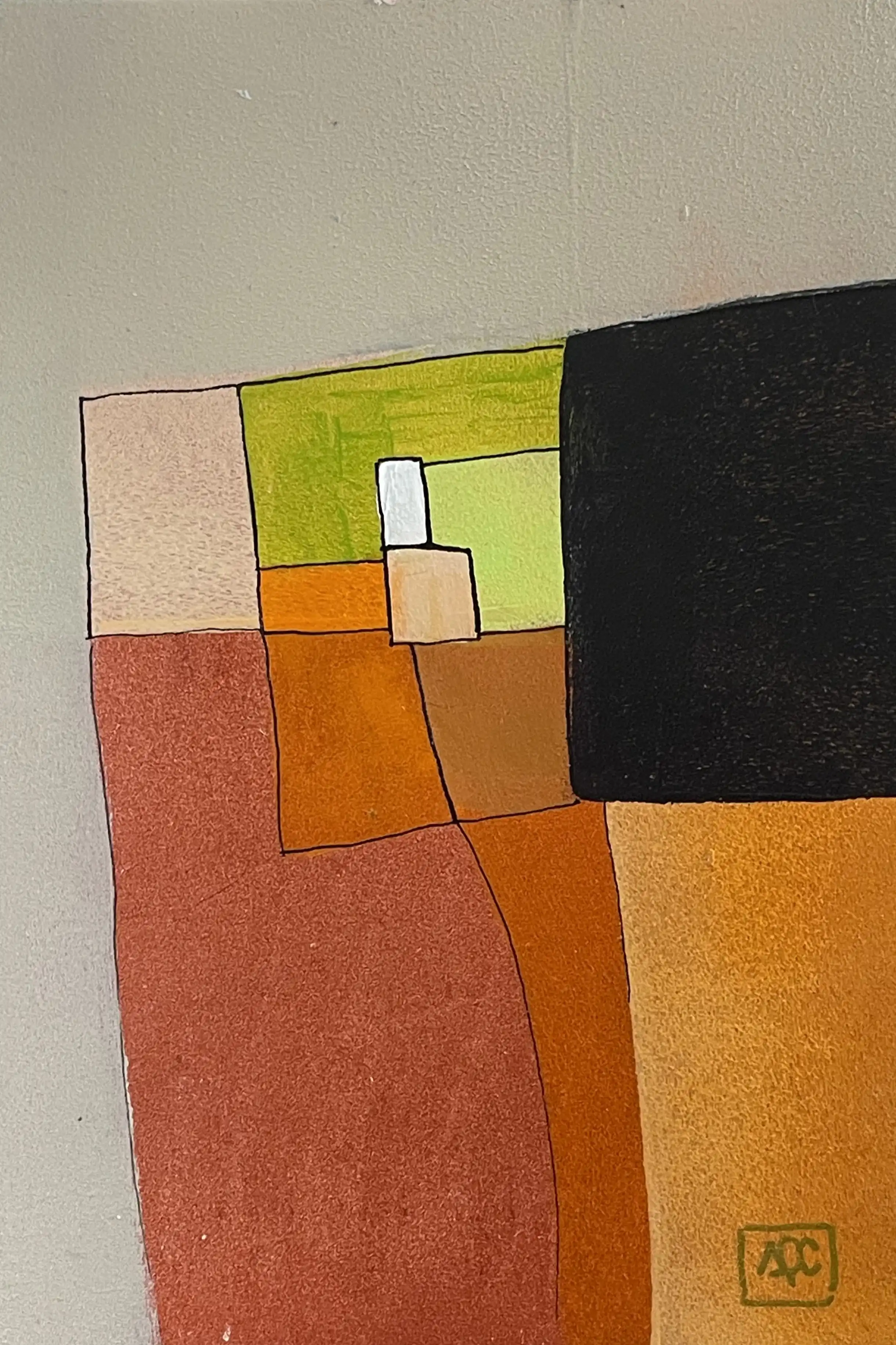 Geometric acrylic painting: orange, yellow-green, gray forms in angular composition on neutral ground
