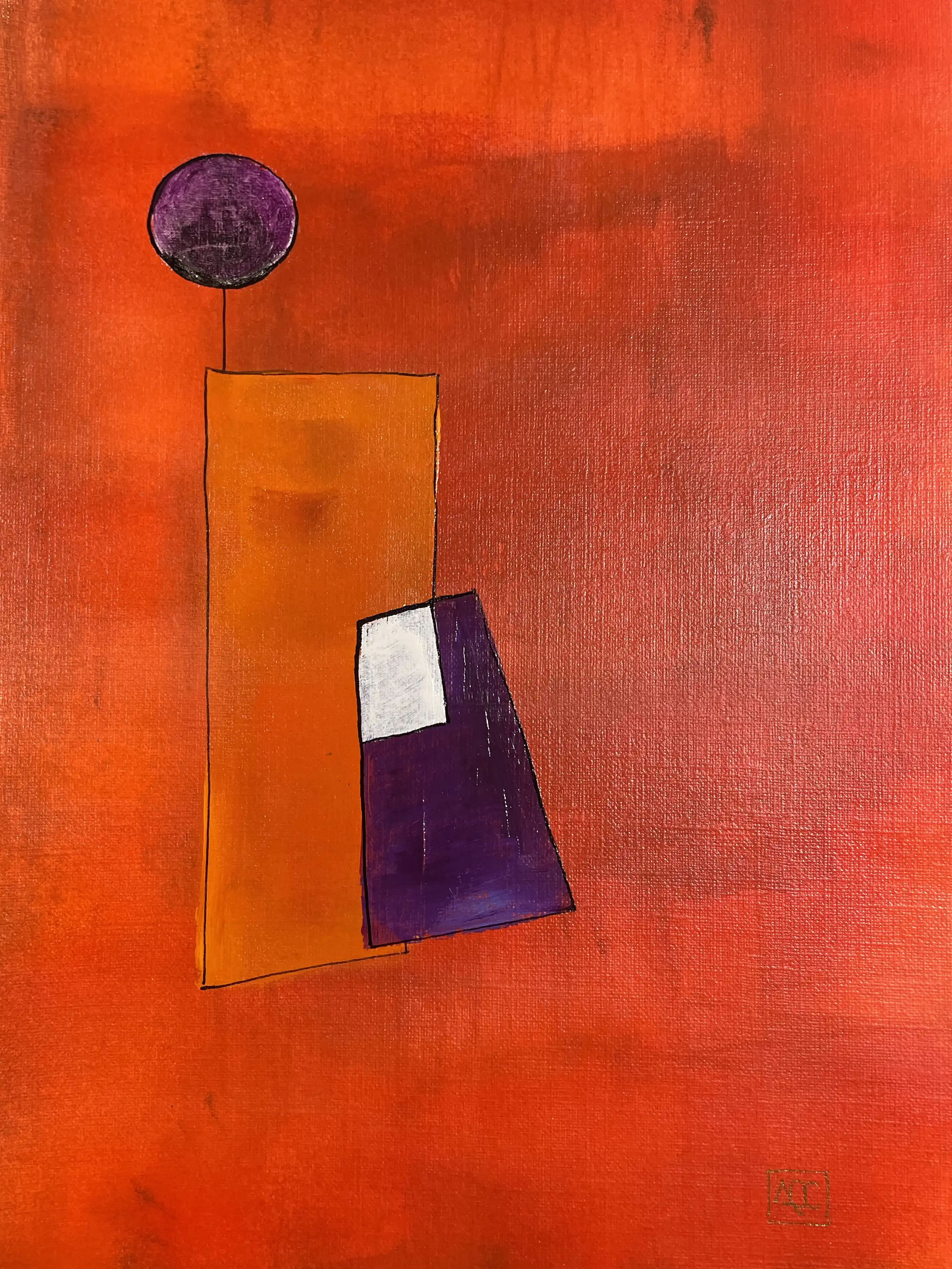 Acrylic painting with geometric forms: orange rectangle, purple circle, and violet angular shape on red-orange background