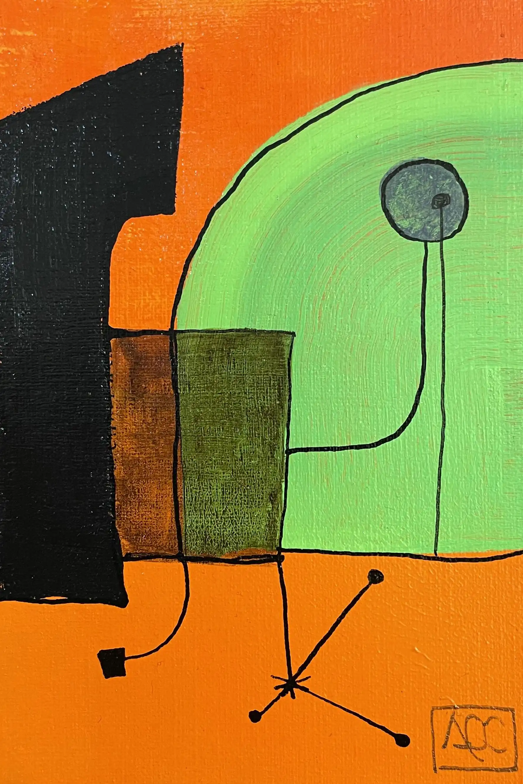 Acrylic painting: orange background with green curved forms and black angular shapes in geometric arrangement