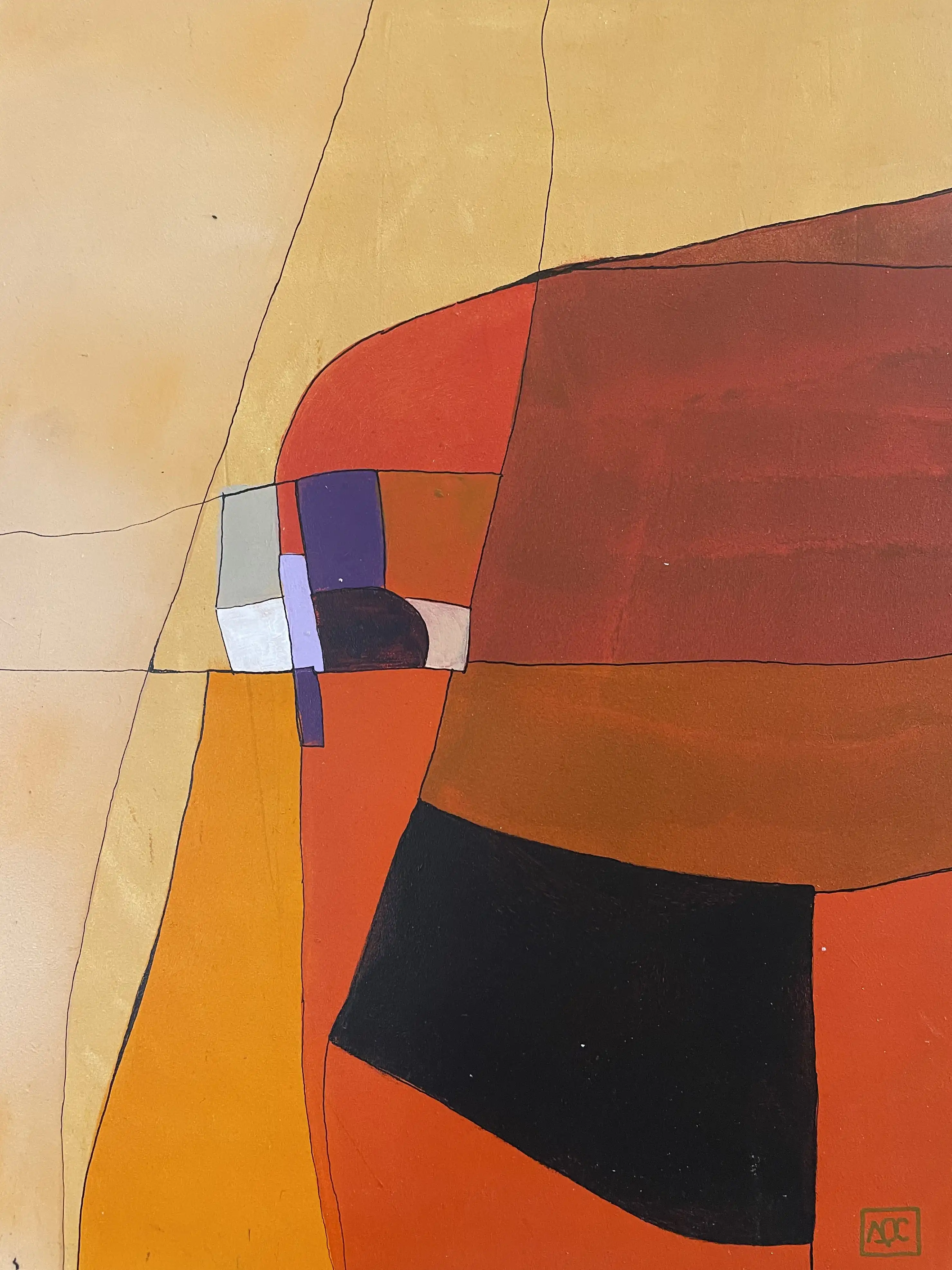 Acrylic on wood panel: red-orange, orange, violet, and black geometric fields in vertical format