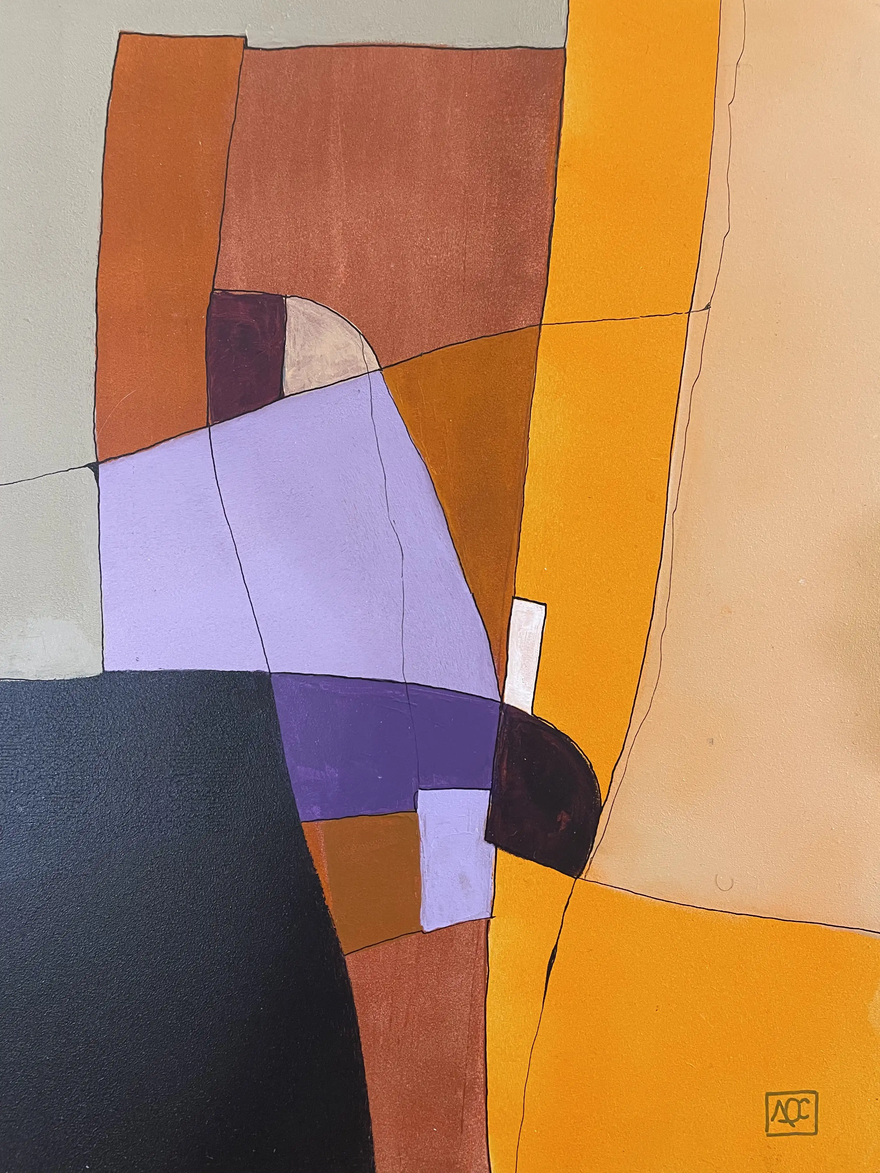 Geometric acrylic painting: orange, violet, gray forms overlapping in angular composition on wood panel
