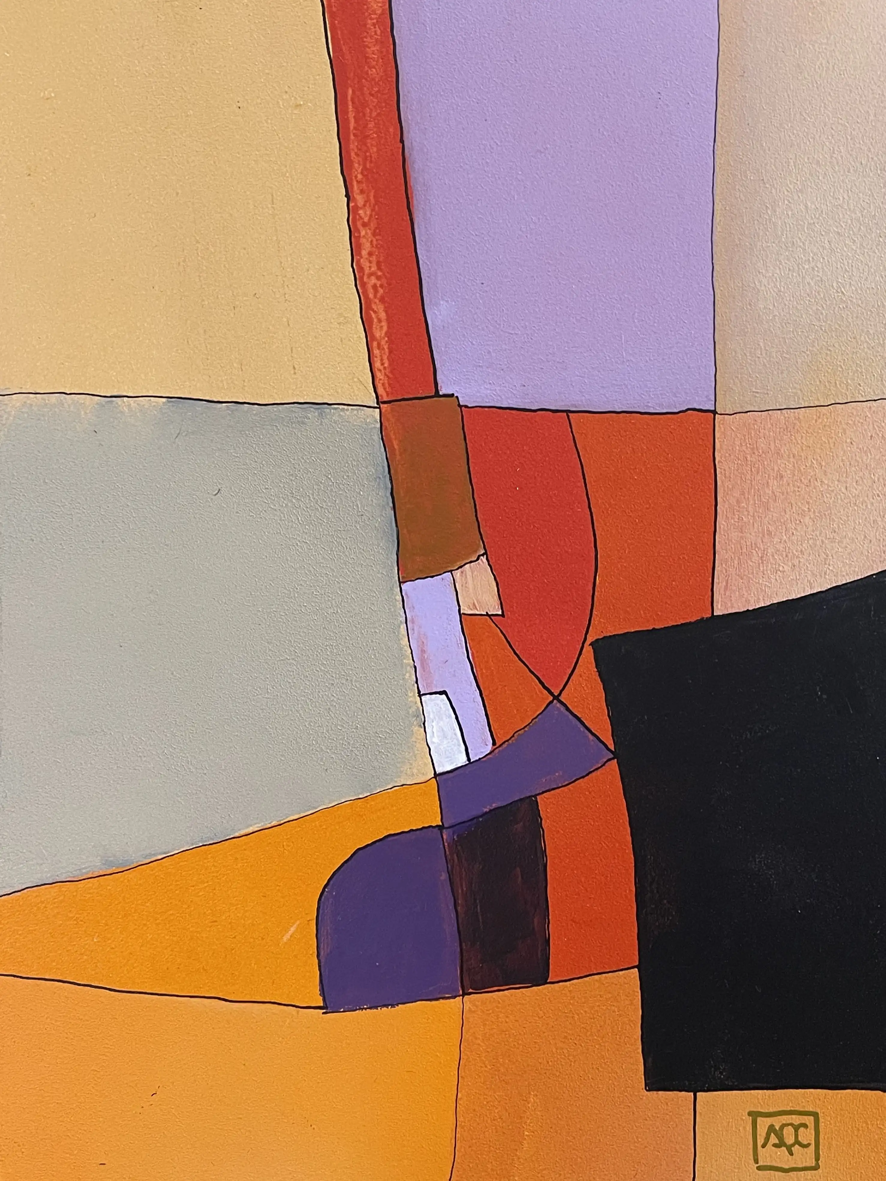 Peinture acrylique : blocs de couleur géométriques en jaune-orange, violet, rouge-orange avec base gris foncé, traduisant l'accord de sol mineur