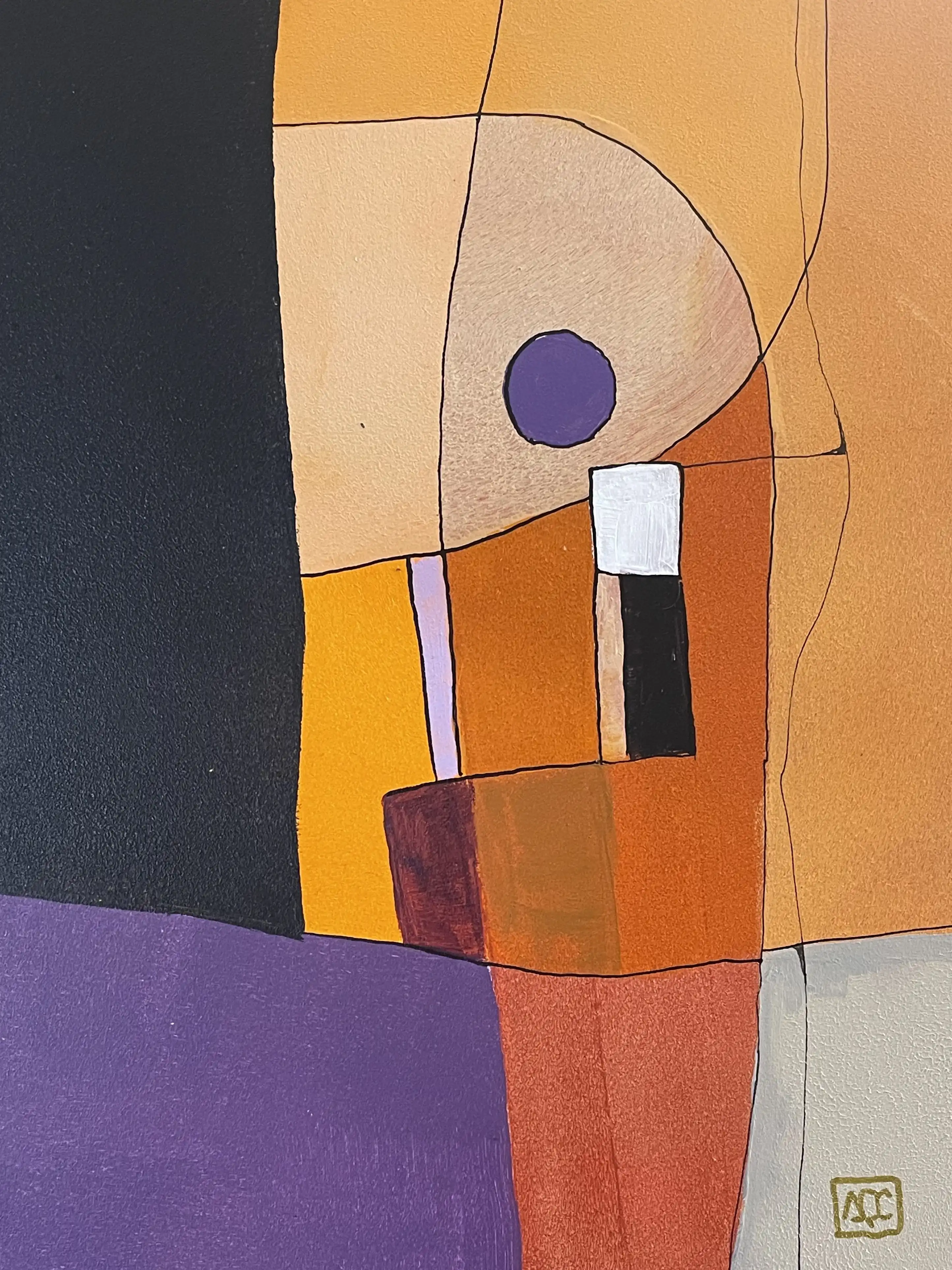 Acrylic painting with orange, violet, and gray geometric forms translating G minor chord into visual composition
