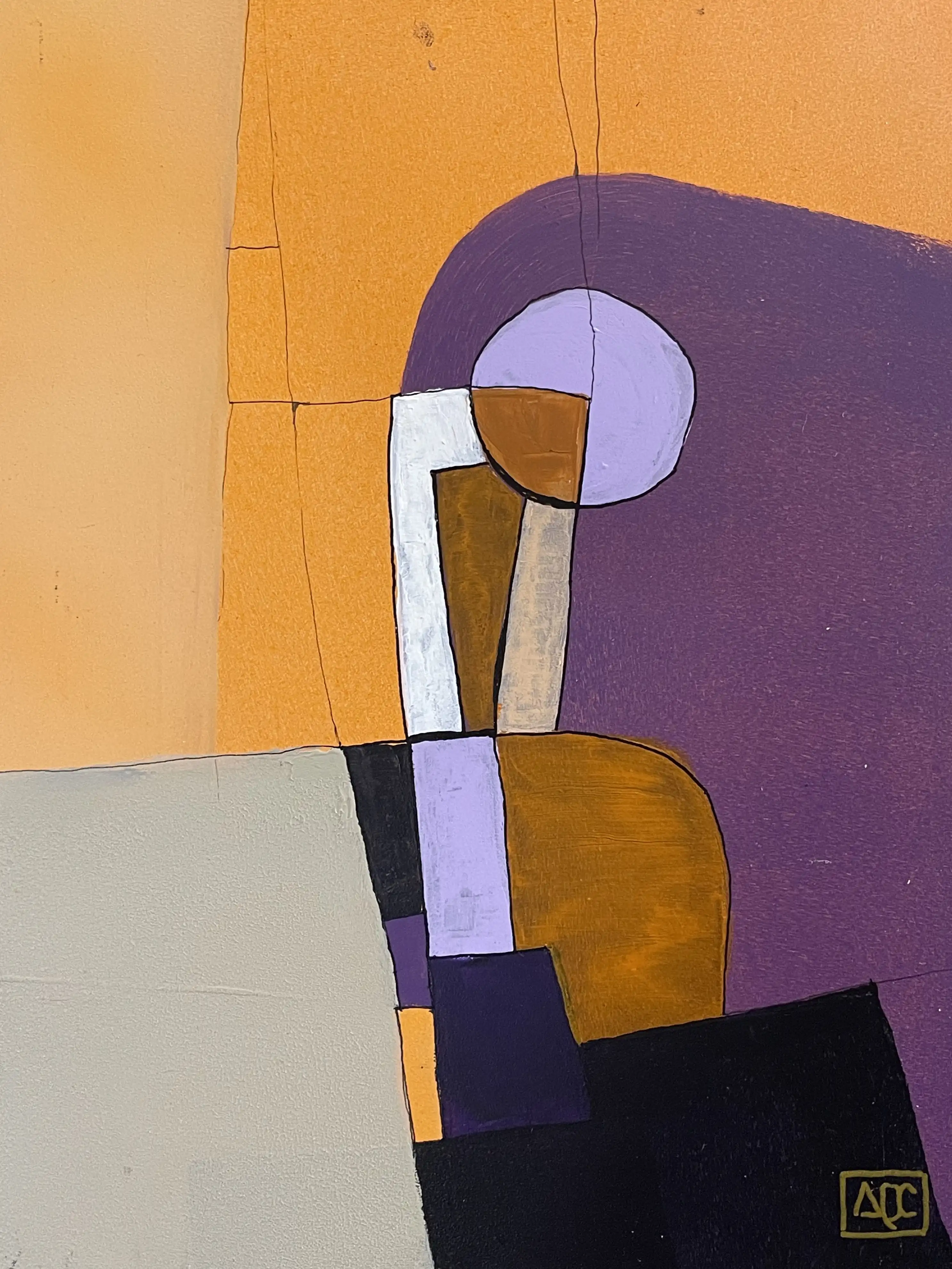 Abstract painting with red-violet curved form, orange geometric shapes, and yellow-orange background on wood panel