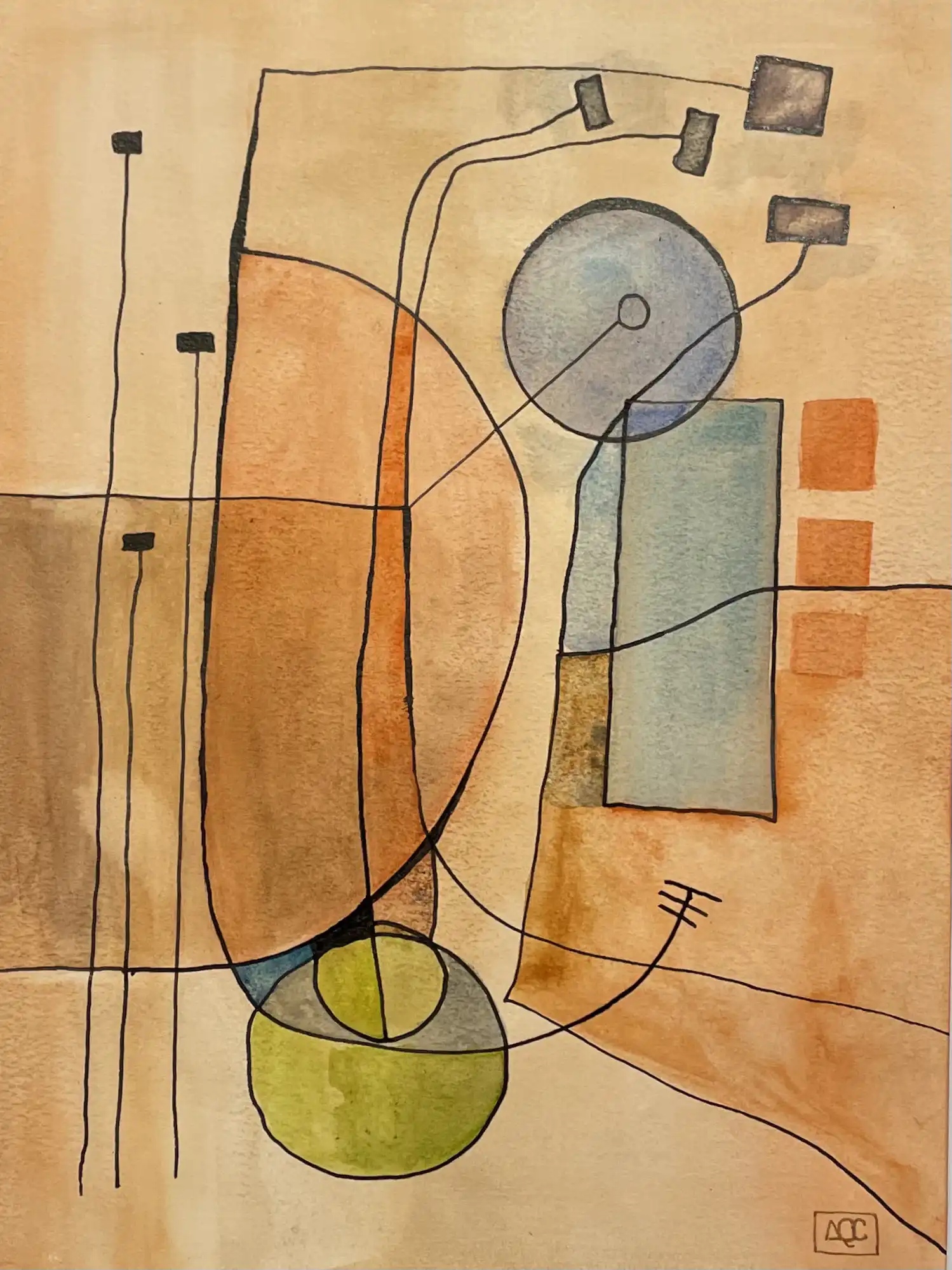 Sol 7b9 par Arnaud Quercy chez Art Quam Anima — aquarelle sur papier, Aquarelle avec formes géométriques jaune-orange et orange connectées par des lignes noires, accent bleu-vert fournissant le contraste