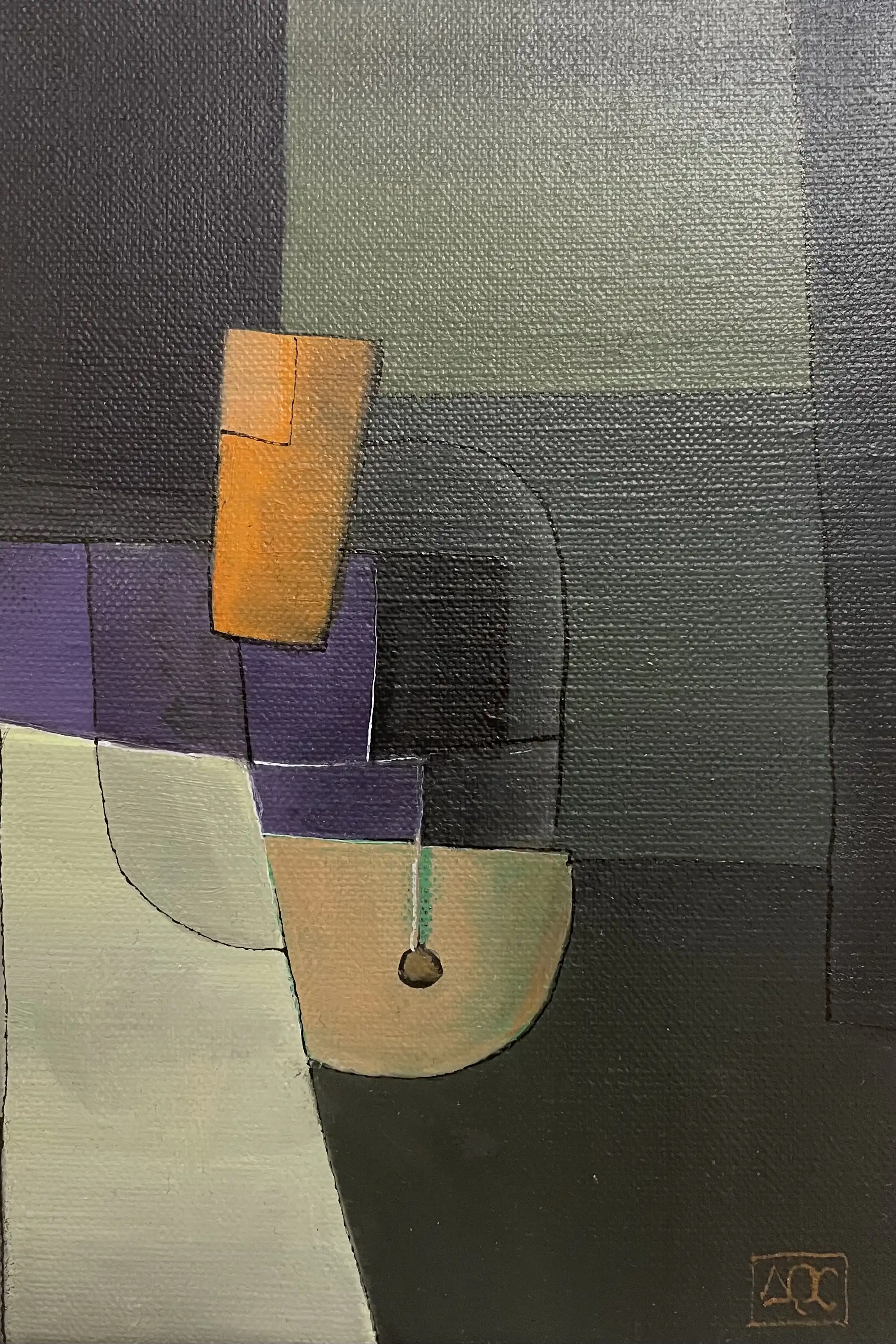 Peinture à l'huile : formes géométriques en tons terreux avec accents ocre et orange arrangés en composition abstraite