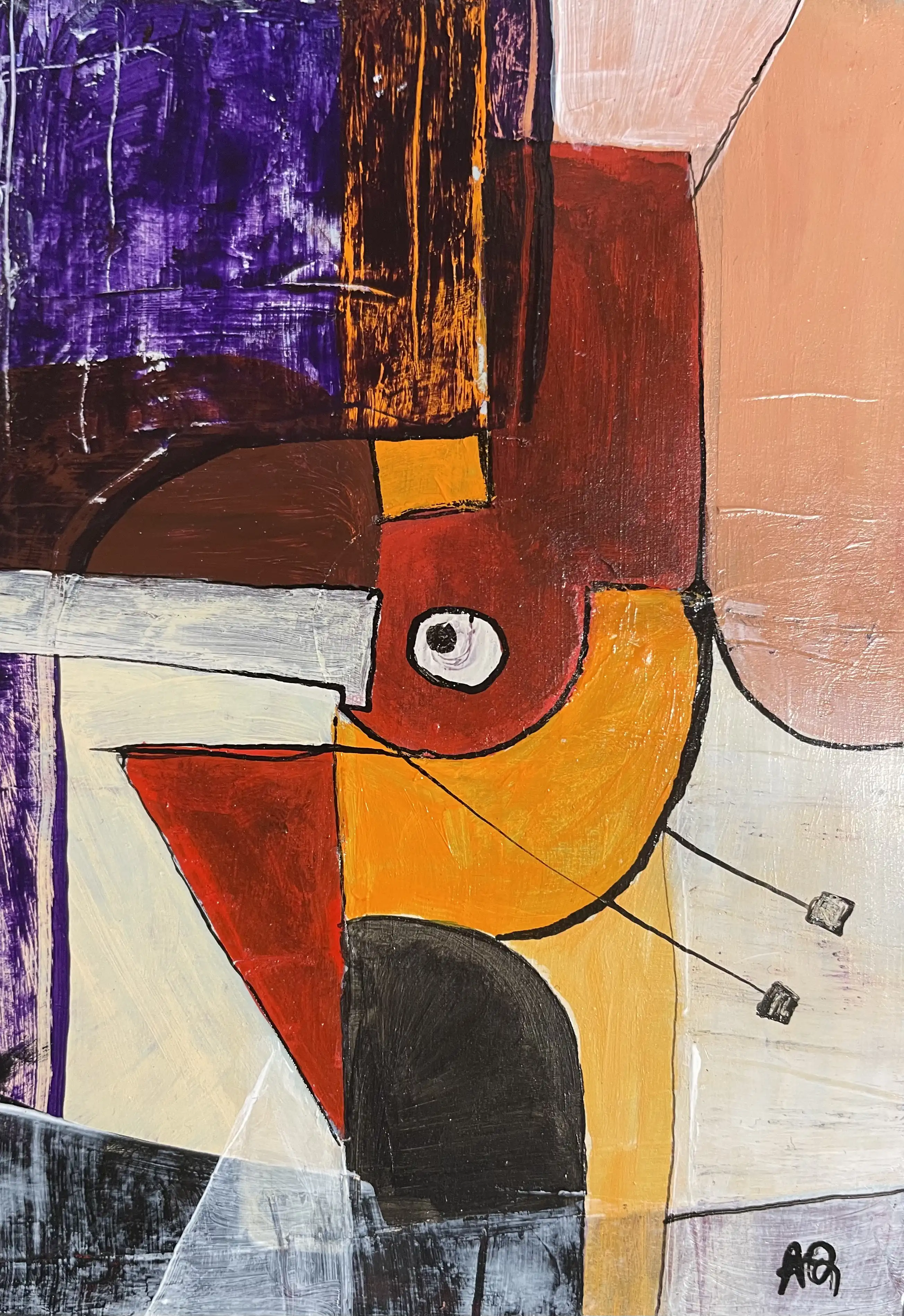 Peinture cubiste abstraite avec formes géométriques en tons gris, orange et violet représentant le chant du chardonneret