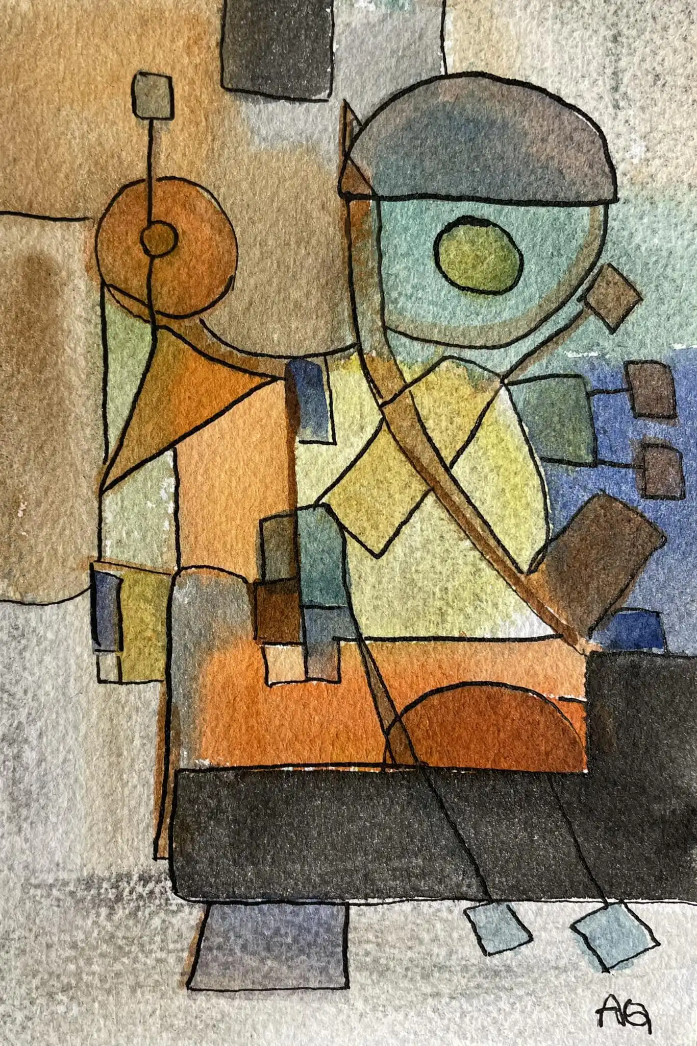 Abstract cubist watercolor: geometric forms in silver, ochre, burnt sienna with black linear framework