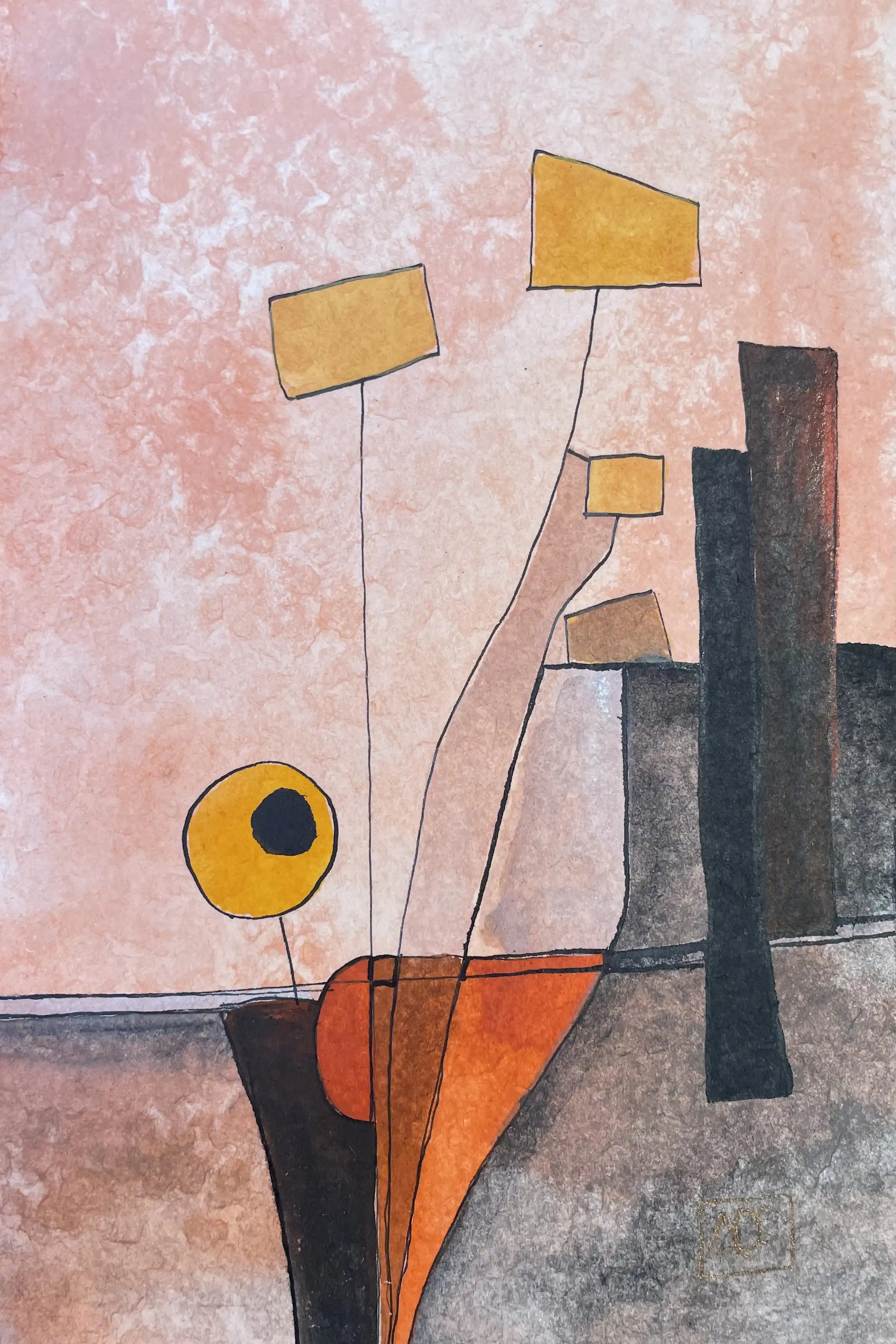 Major 2nd Interval - Reflexions 12 by Arnaud Quercy at Art Quam Anima — Watercolor Painting on Paper, Watercolor painting with geometric shapes in orange, tan, and gray tones connected by thin black lines on pink background