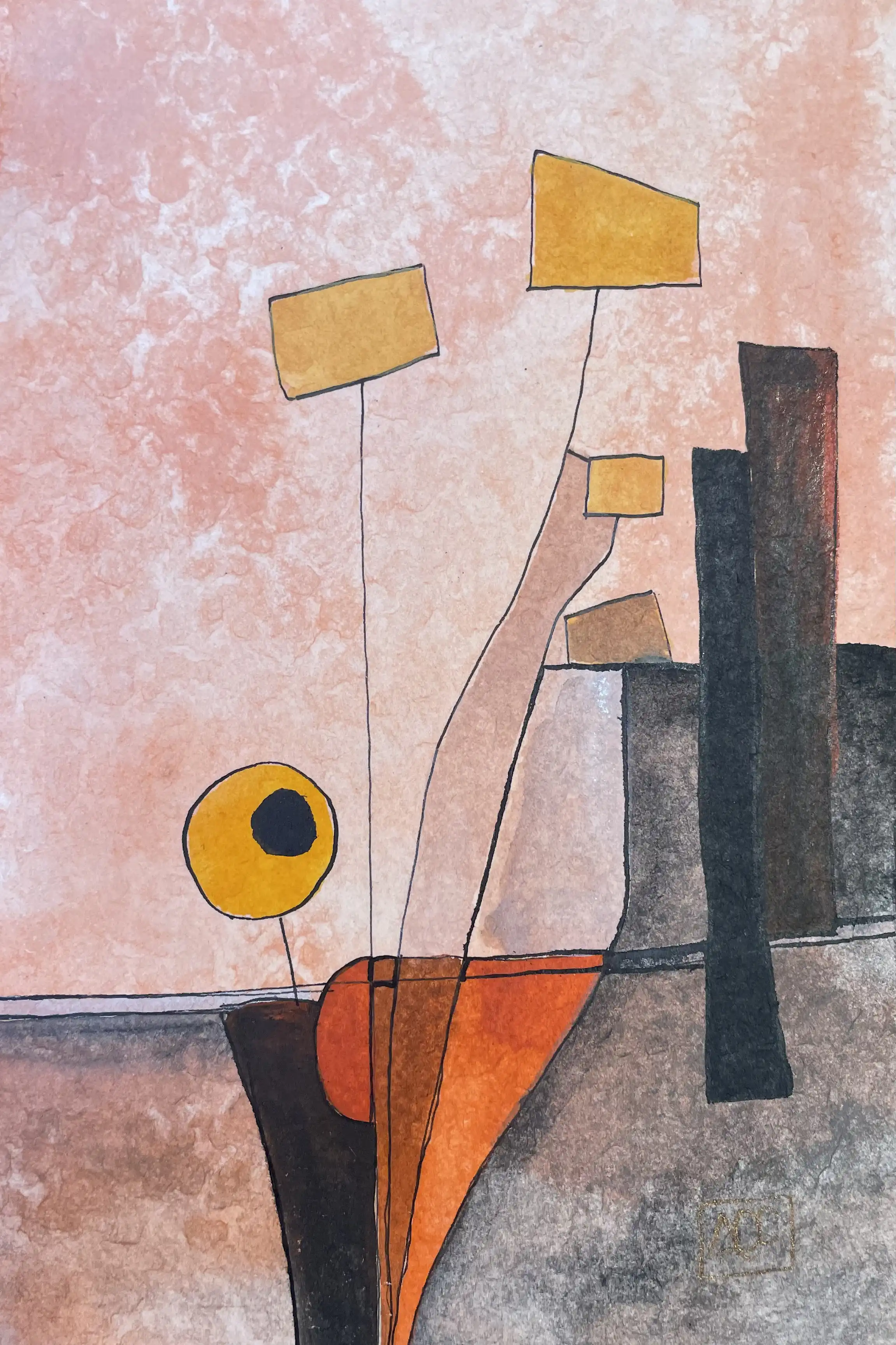 Watercolor painting with geometric shapes in orange, tan, and gray tones connected by thin black lines on pink background