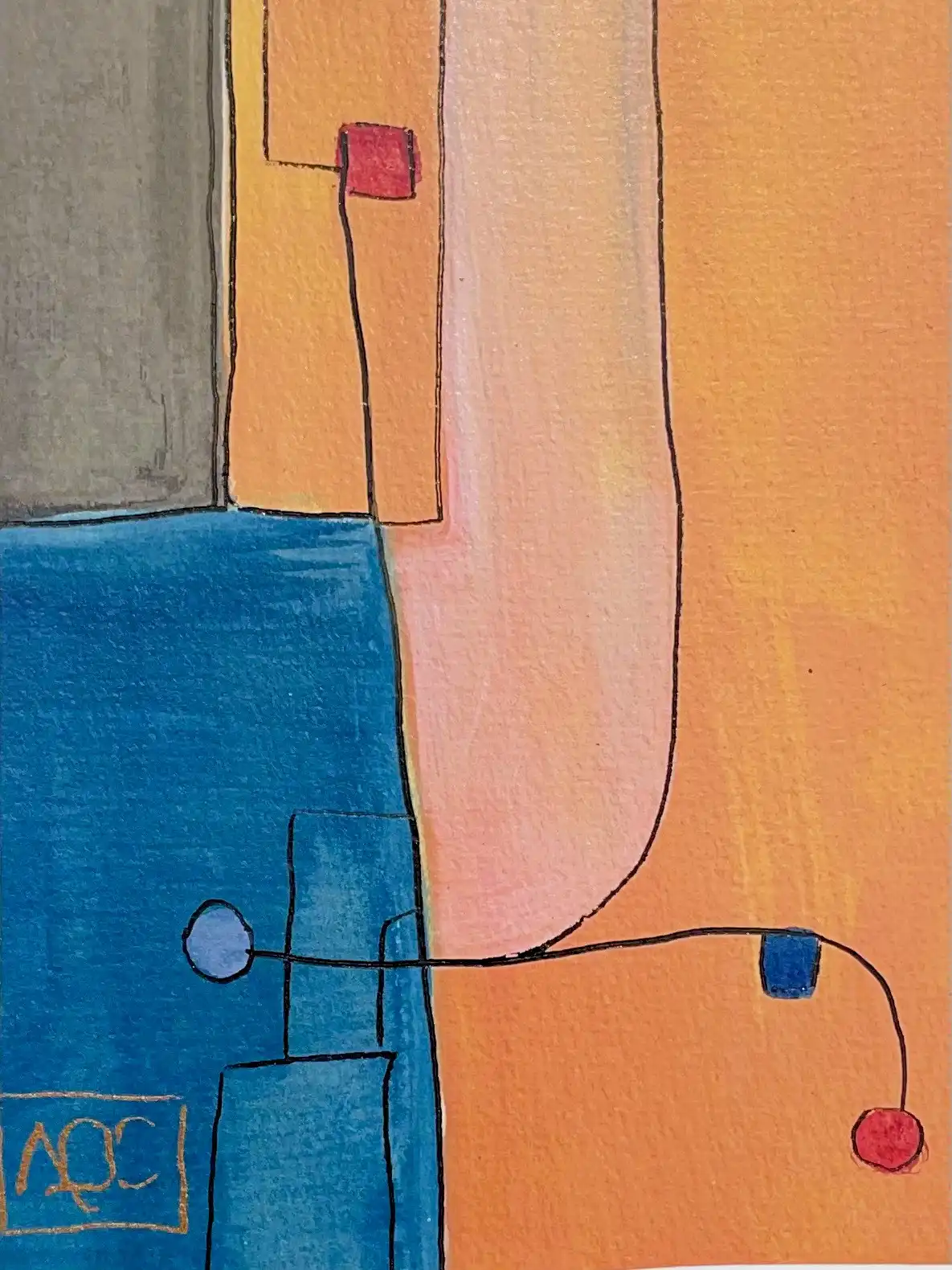 Watercolor painting: orange and blue geometric forms with red square accent and connecting black lines