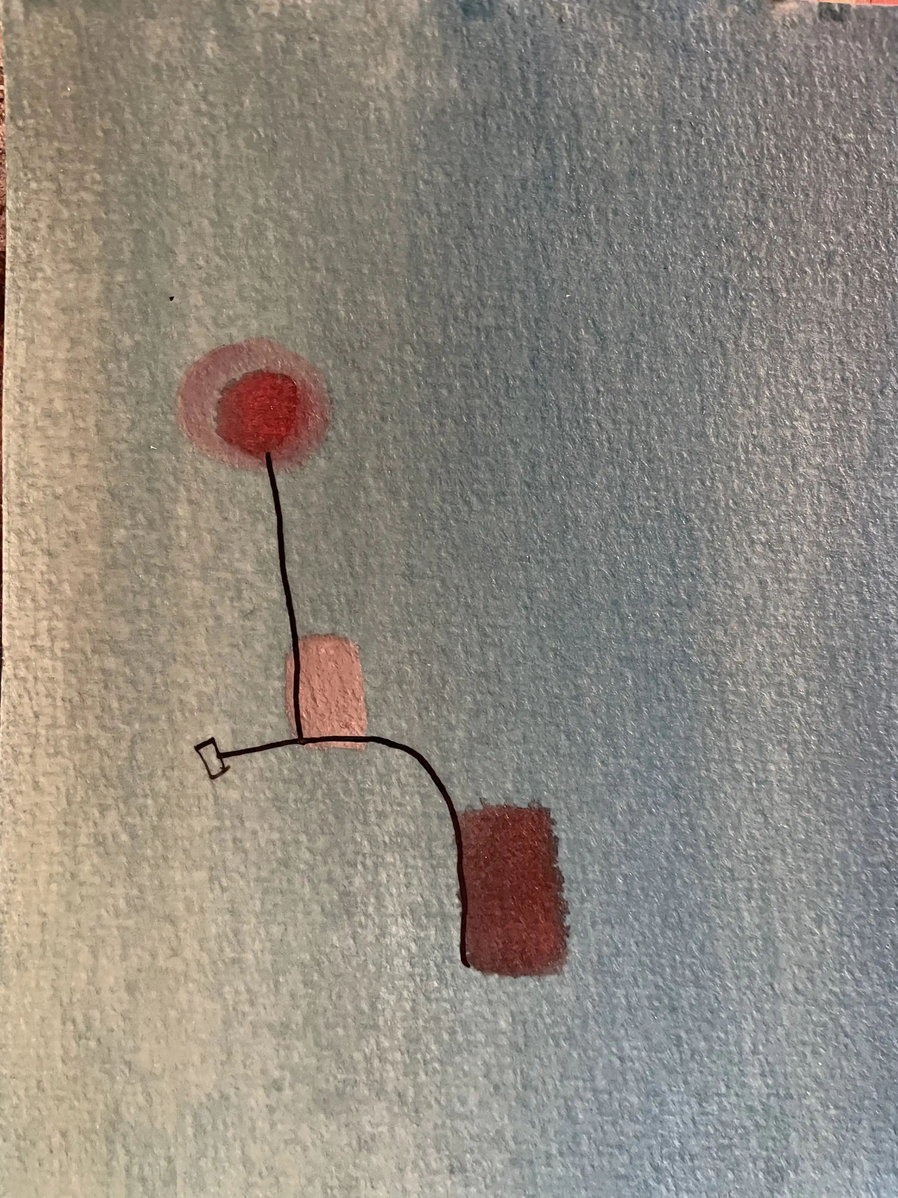 Watercolor painting: gray background with geometric red circle, pink rectangle, and connecting black line
