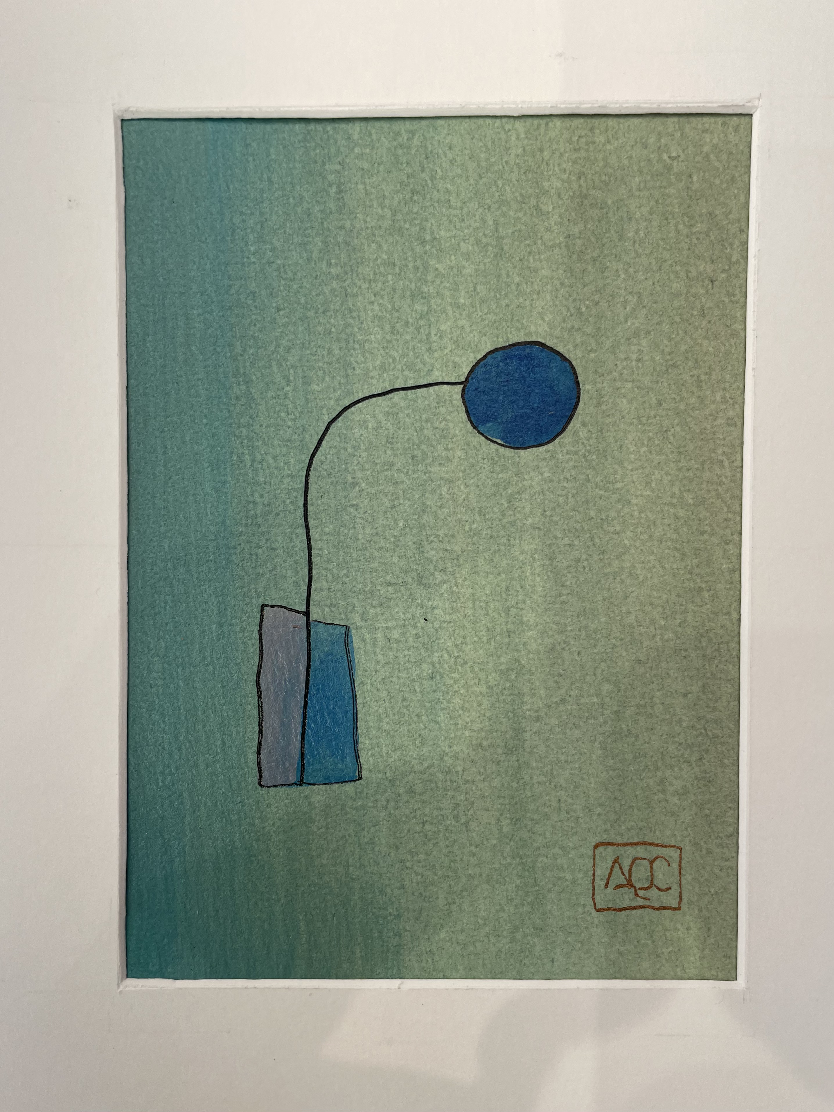 Watercolor painting with yellow-green ground, dark blue circle, and geometric forms connected by curved line