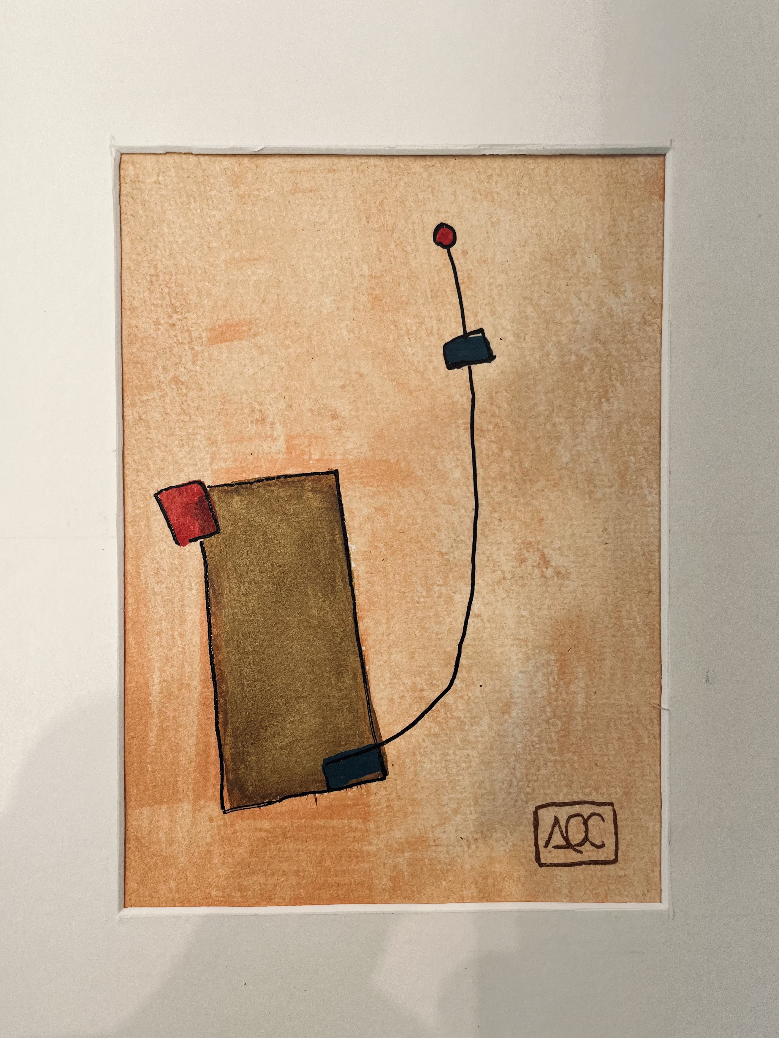 Small watercolor painting with geometric brown forms connected by curved black line on cream background