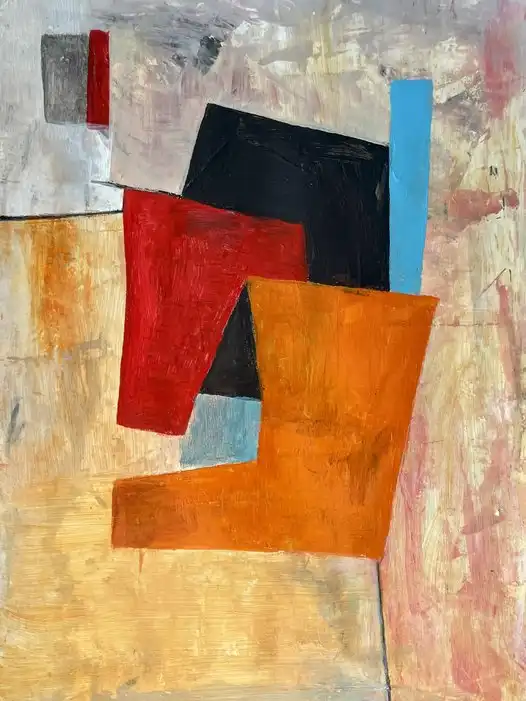 Peinture abstraite géométrique avec des formes orange, tan et sombres qui se chevauchent avec des accents bleus sur fond neutre