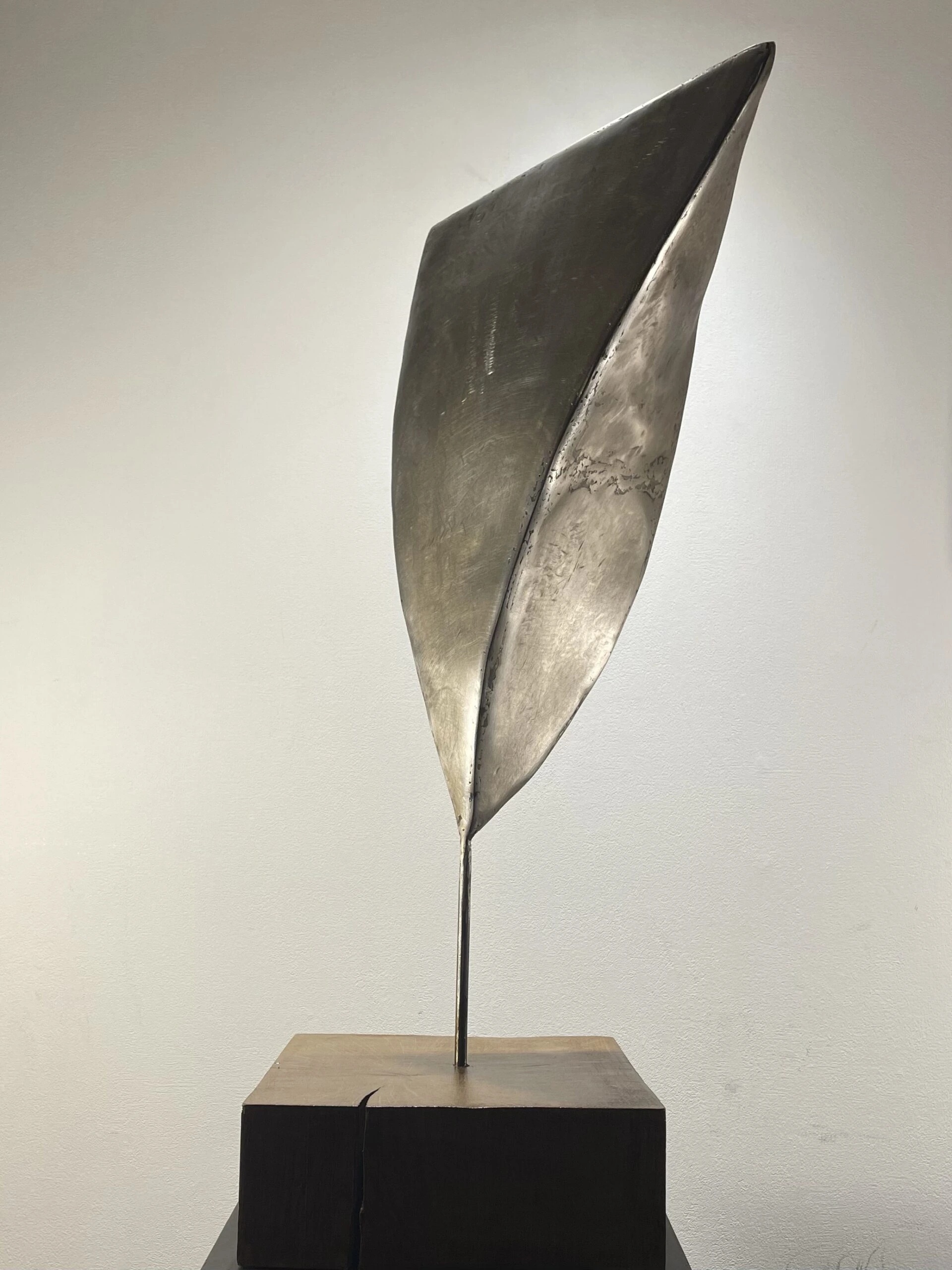 MOUVEMENT DE GROUPE par Arnaud Quercy chez Art Quam Anima — sculpture acier sur bloc de bois, Sculpture d'acier courbée sur base de bois suggérant le mouvement de vol d'oiseau avec texture industrielle brute