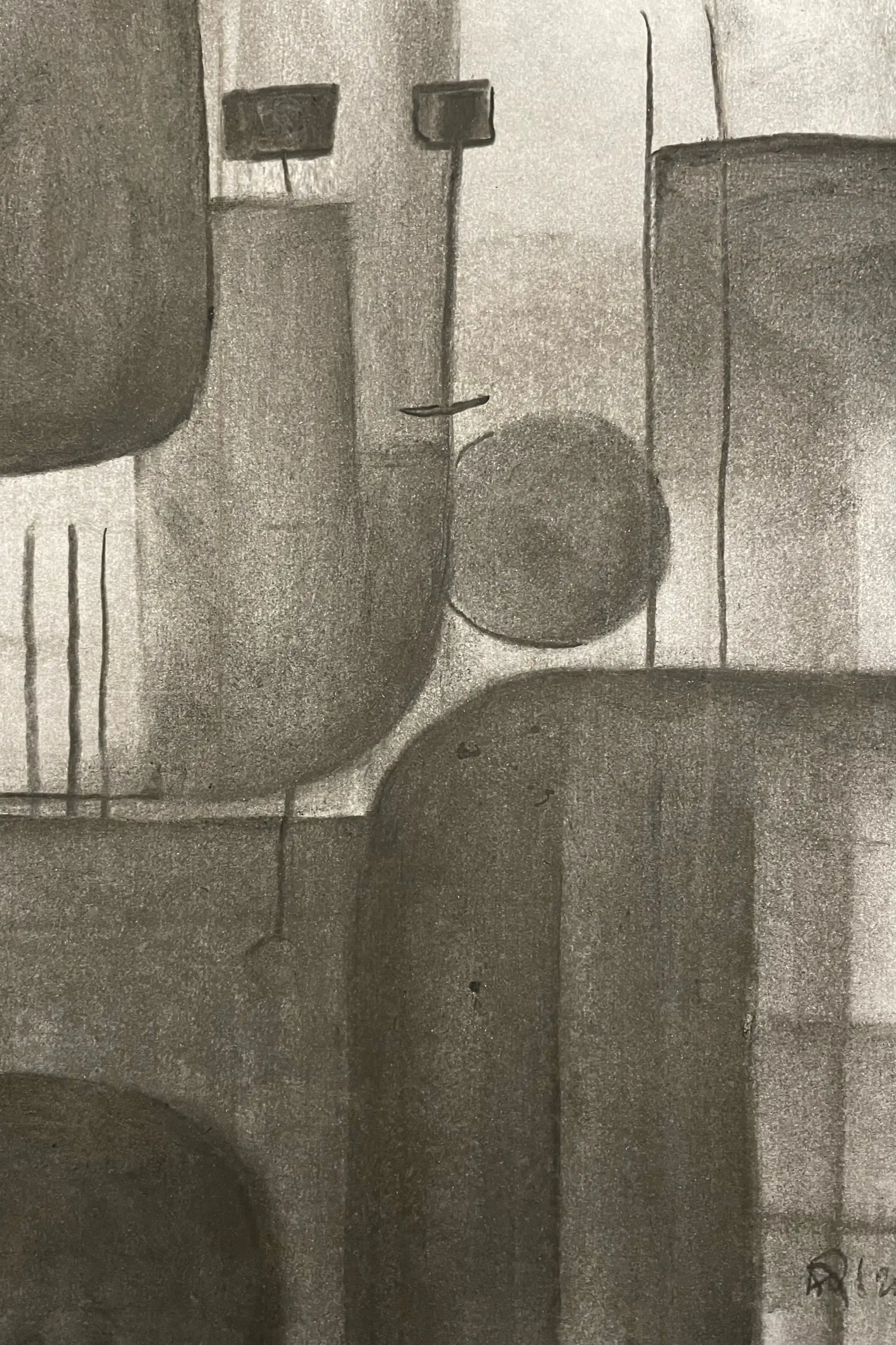 Charcoal drawing featuring geometric forms: cylindrical and rectangular shapes in grayscale tones suggesting industrial machinery