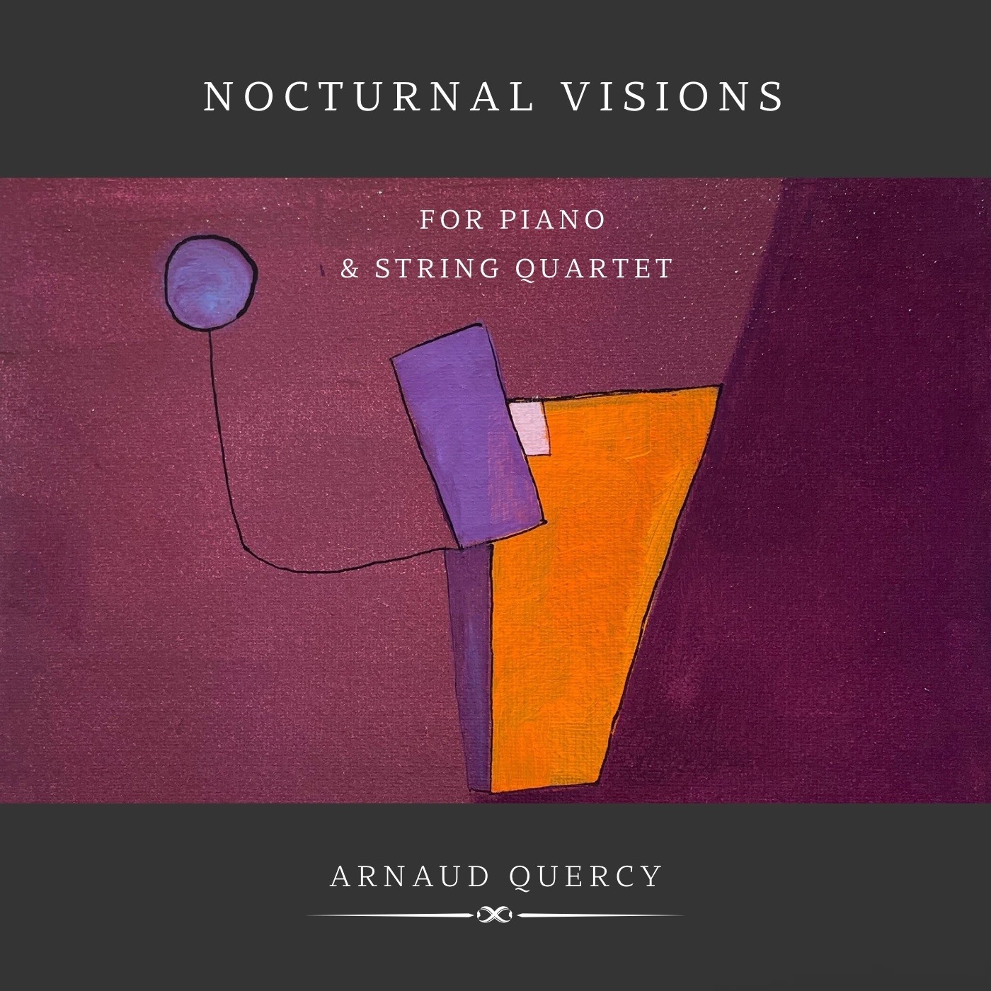 Nocturnal Visions by Arnaud Quercy at Art Quam Anima — Music Painting, Digital composition with geometric forms: charcoal background, burgundy shapes, orange accents in angular arrangement