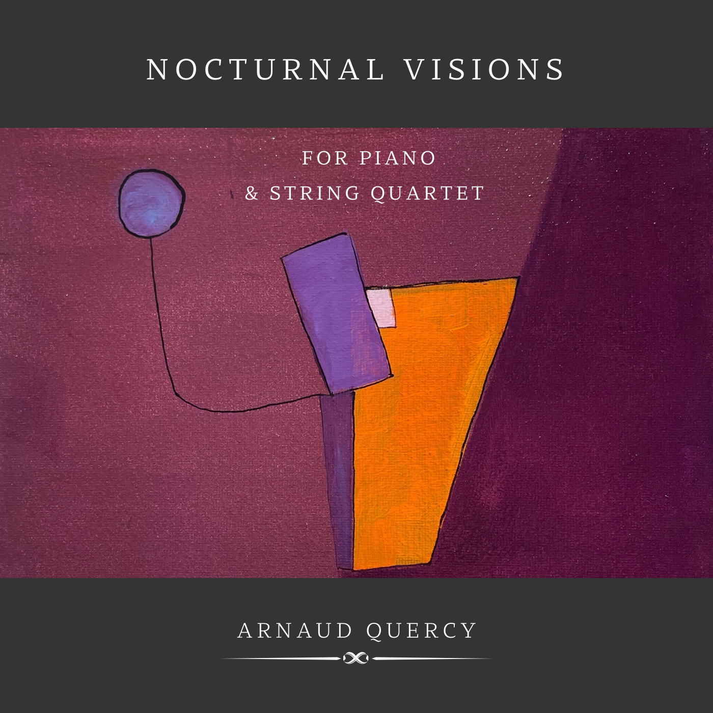 Composition numérique avec formes géométriques : fond charbon, formes bordeaux, accents orange en arrangement angulaire