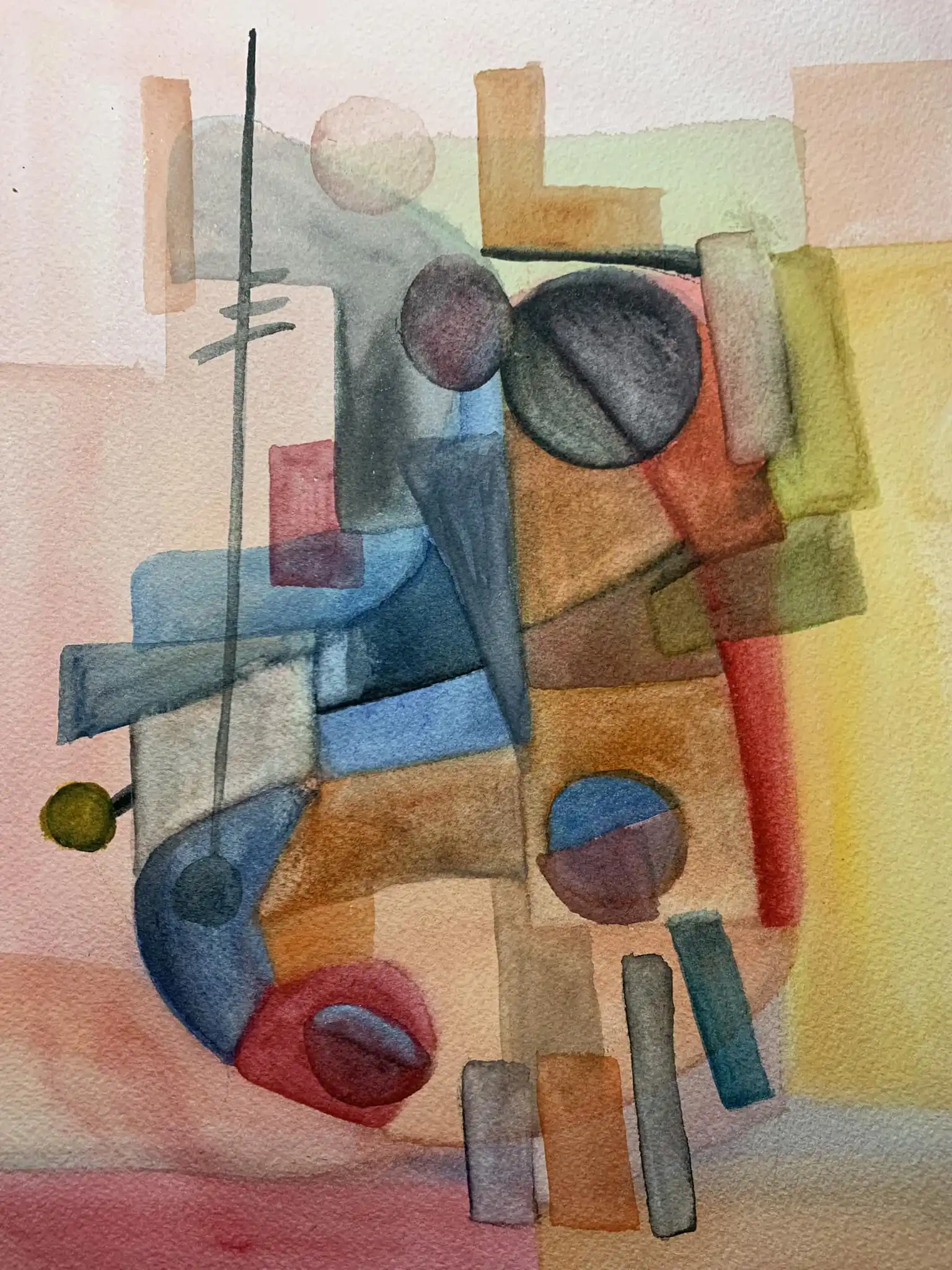 Watercolor painting with overlapping geometric shapes in orange, blue-gray, and white transparent layers