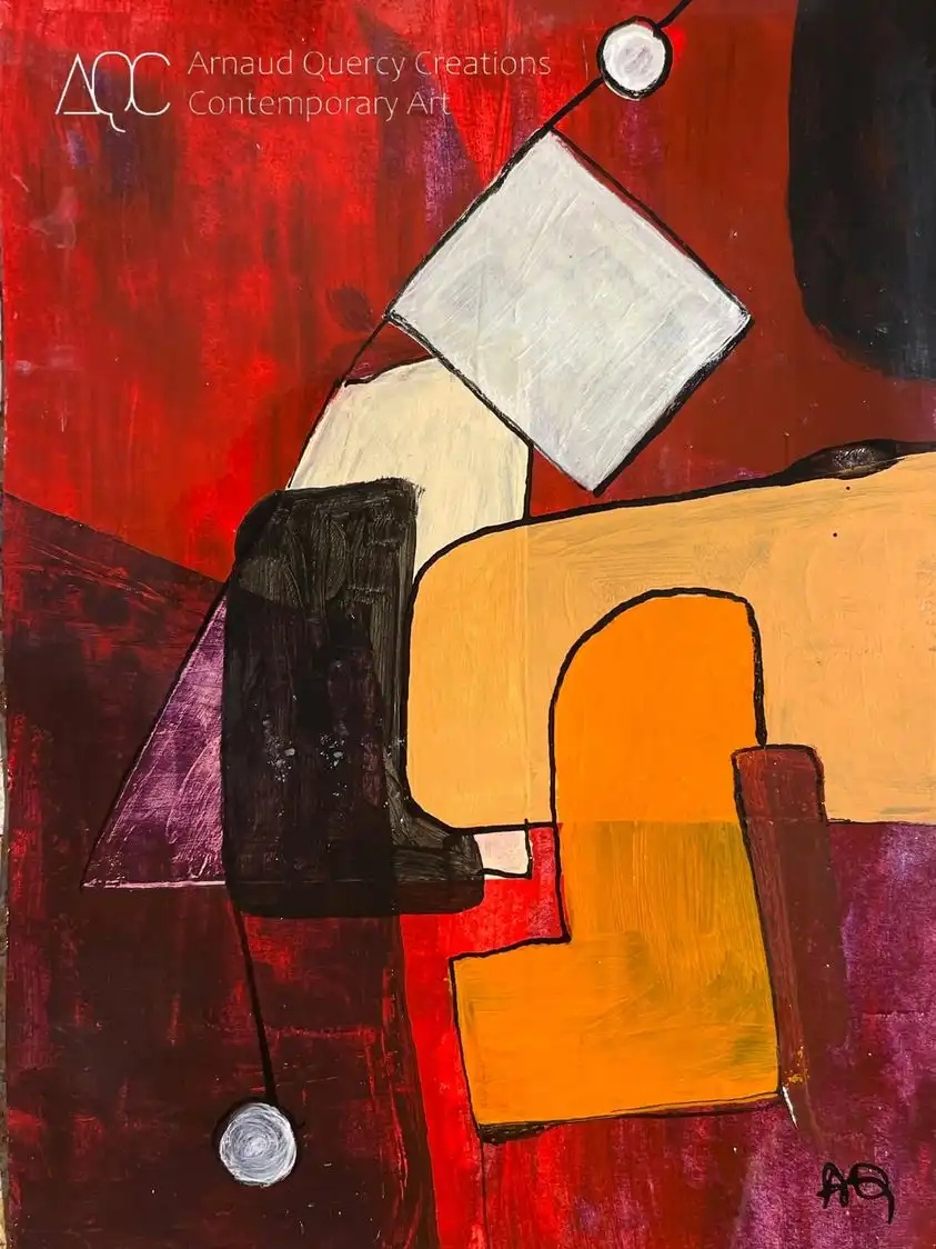 Pause déjeuner sur un banc par Arnaud Quercy chez Art Quam Anima — peinture acrylique sur papier, Peinture acrylique abstraite avec formes géométriques rouge-orange, carré gris pâle, et éléments linéaires noirs sur papier
