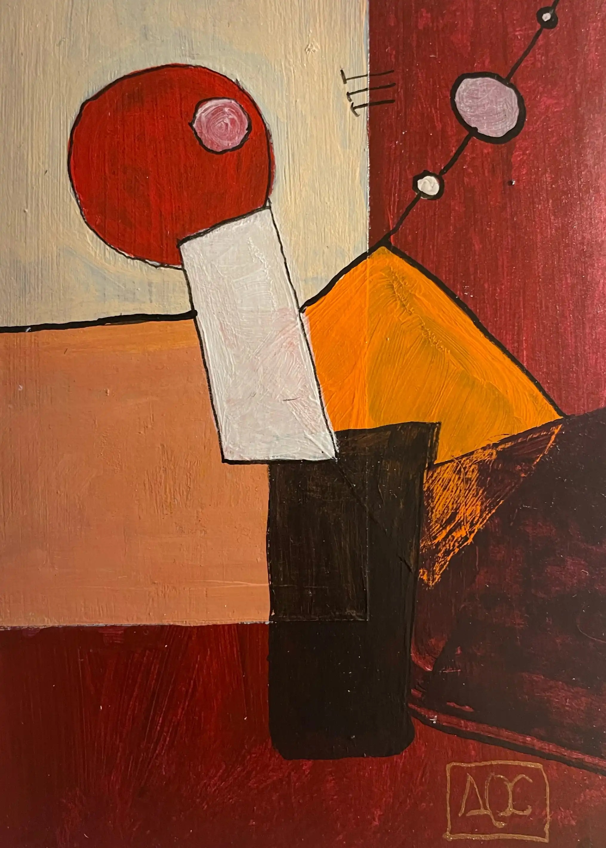 Pause déjeuner sur un banc - Variation 1 by Arnaud Quercy at Art Quam Anima — Acrylic Painting on Paper, Acrylic painting with red circle, white rectangle, orange triangle on warm-toned geometric background