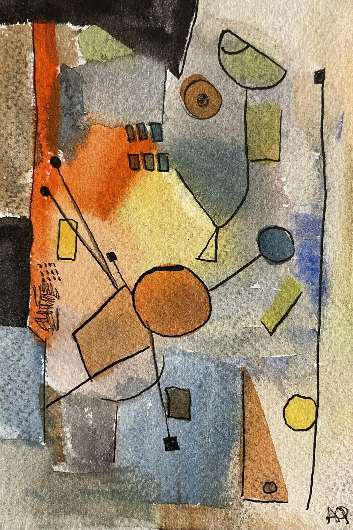 Aquarelle abstraite avec tons jaune-orange, zones grises, et éléments linéaires noirs en arrangement géométrique
