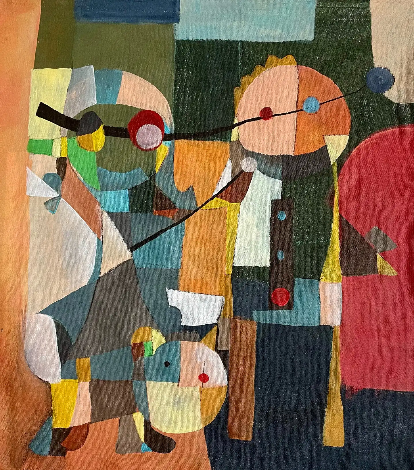 Oil painting with fragmented geometric forms in oranges, grays, and greens suggesting abstract portrait composition