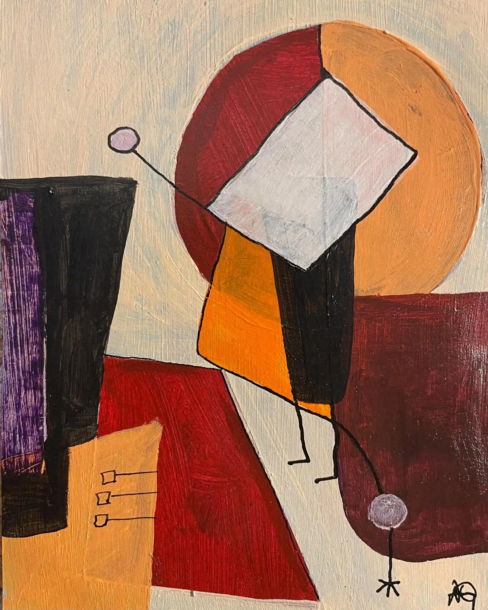 Promenade aux jardins du Luxembourg, l'été by Arnaud Quercy at Art Quam Anima — Acrylic Painting on Paper, Abstract acrylic painting: geometric forms in warm orange and red tones with black linear elements on textured ground