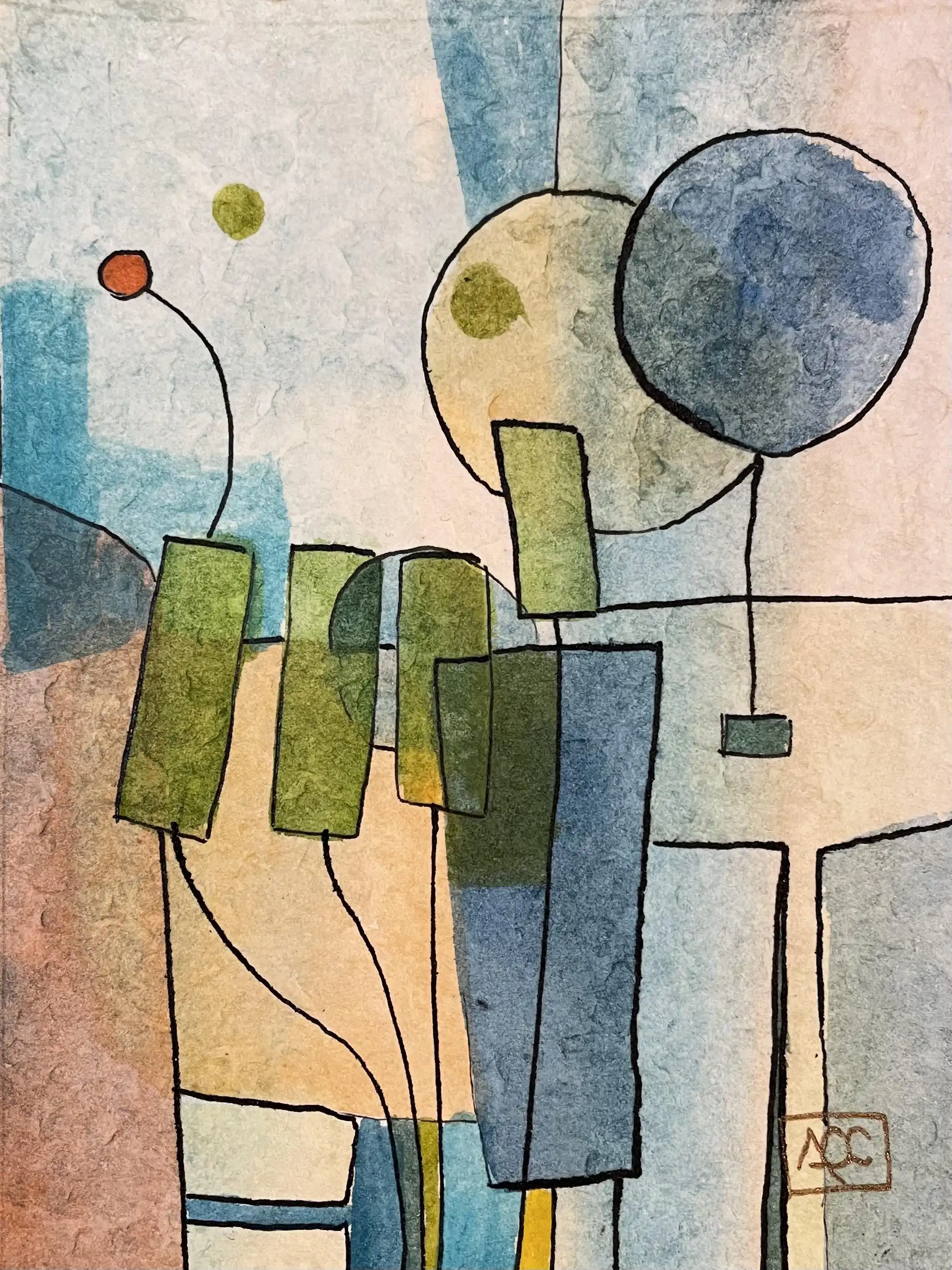 Abstract watercolor with geometric shapes in yellow-orange and blue-gray tones, linear black elements