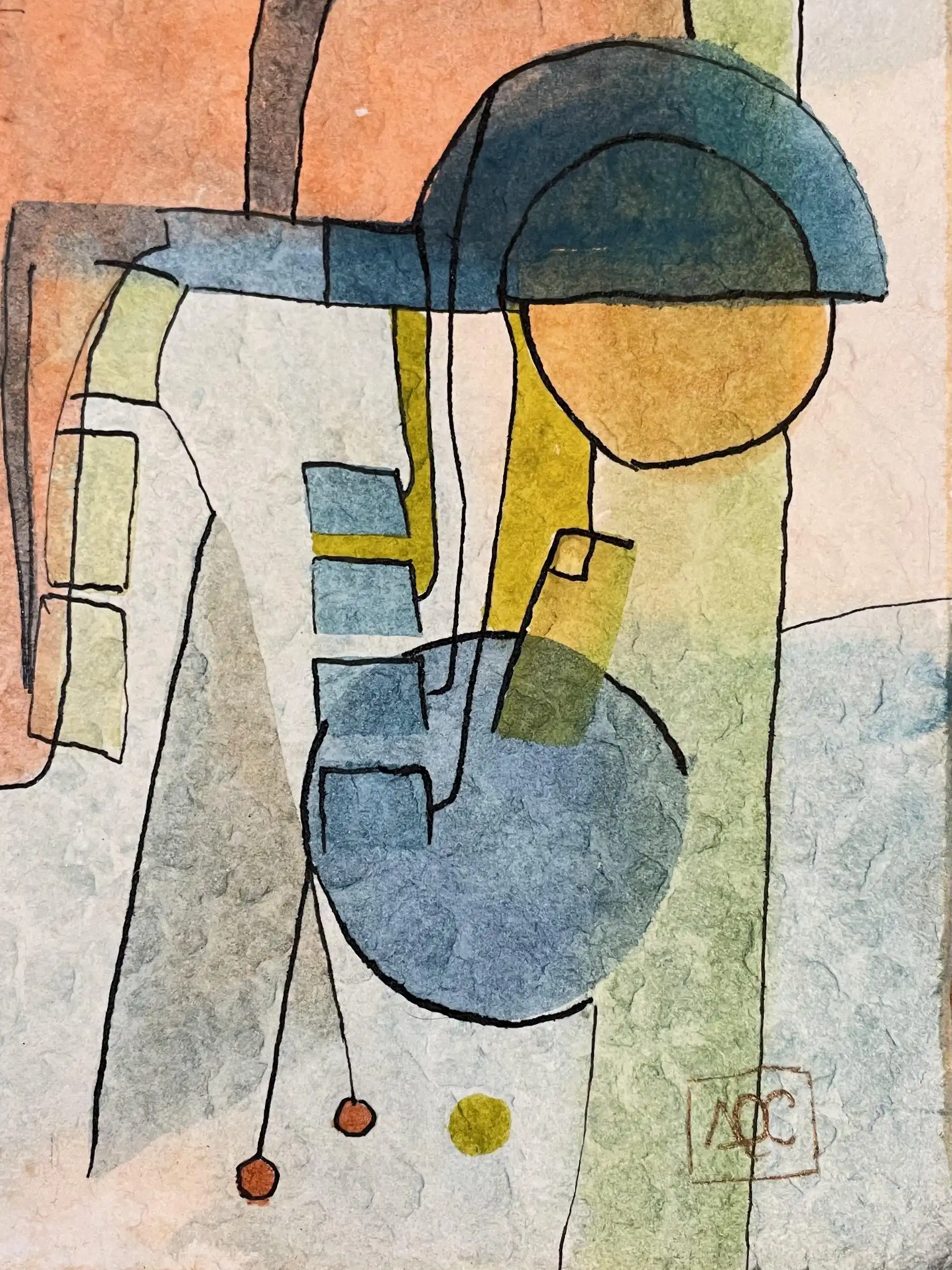 Aquarelle abstraite avec formes circulaires et angulaires superposées dans des tons gris, orange et bleu sur papier texturé