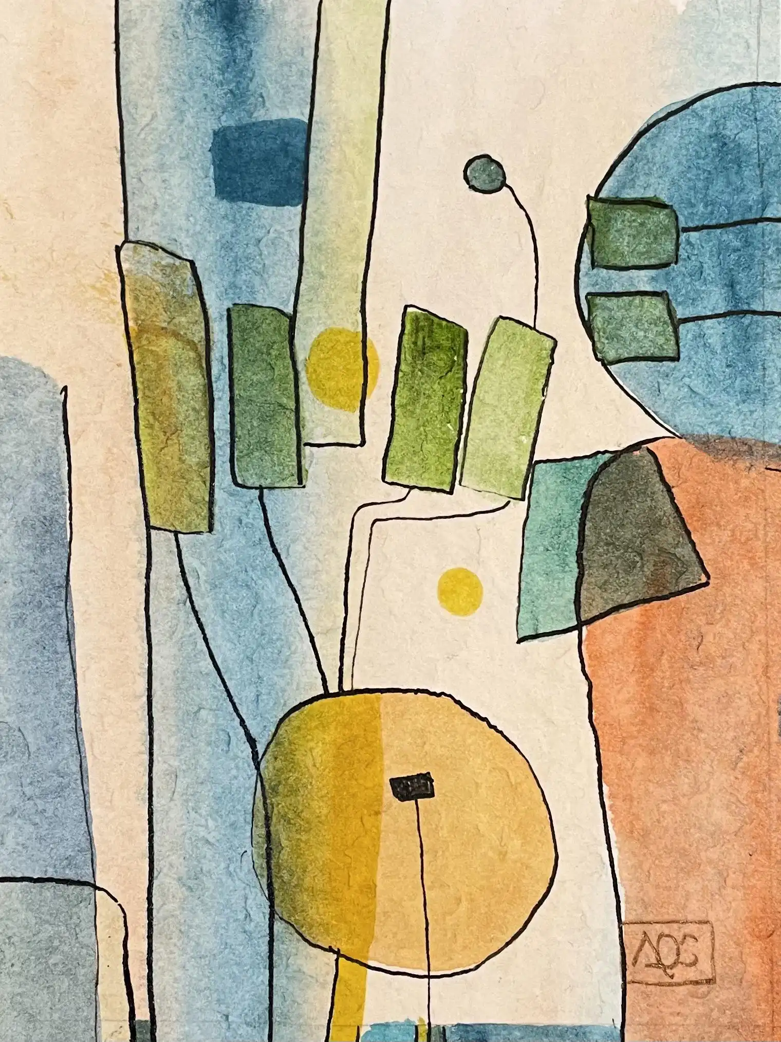 Aquarelle abstraite avec des tons bisque chauds, des formes géométriques, et des accents bleu-vert suggérant des éléments de jardin