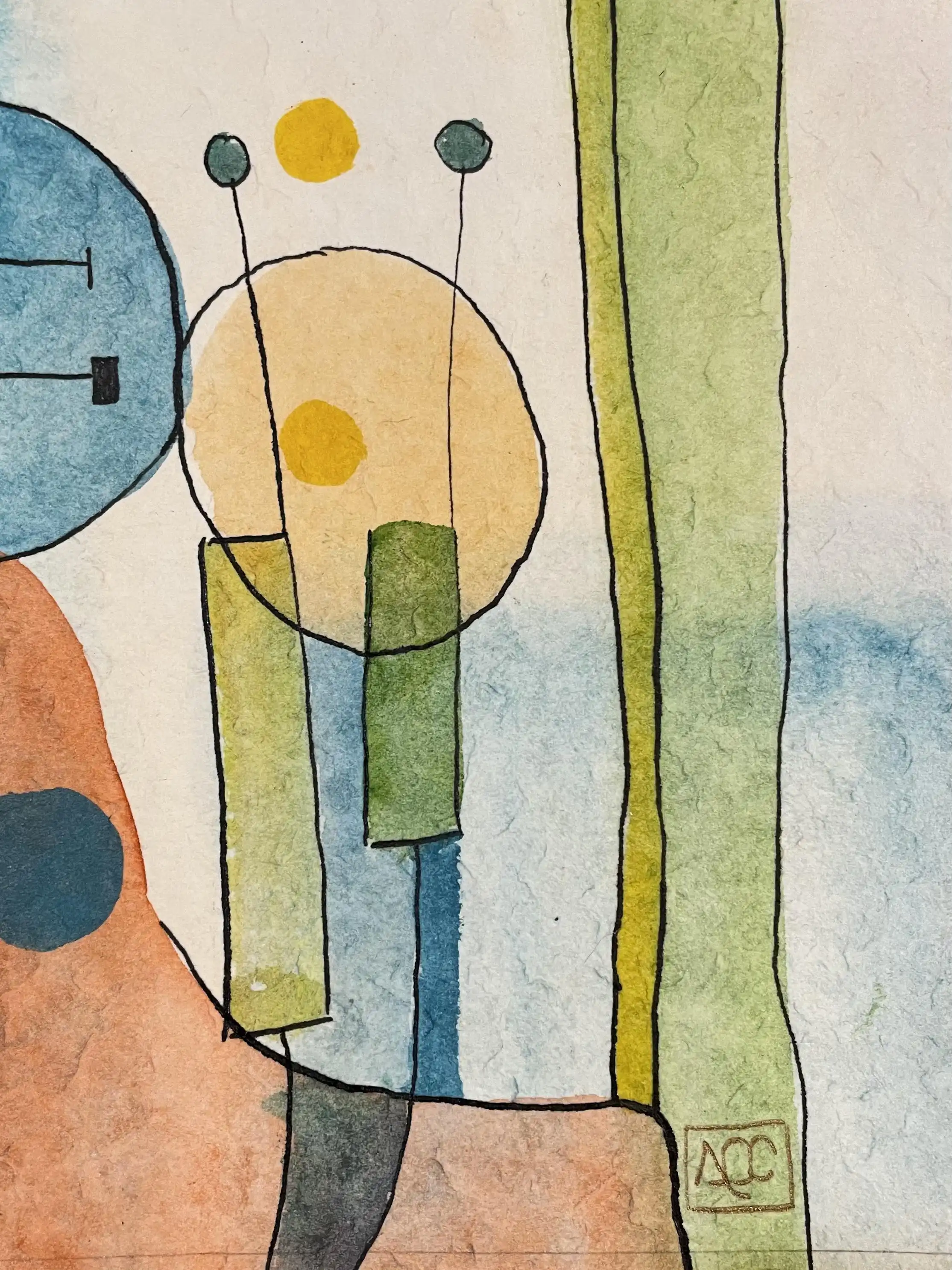 Peinture aquarelle : cercles géométriques, rectangles en gris clair, bois de rose, ocre avec accents bleu acier