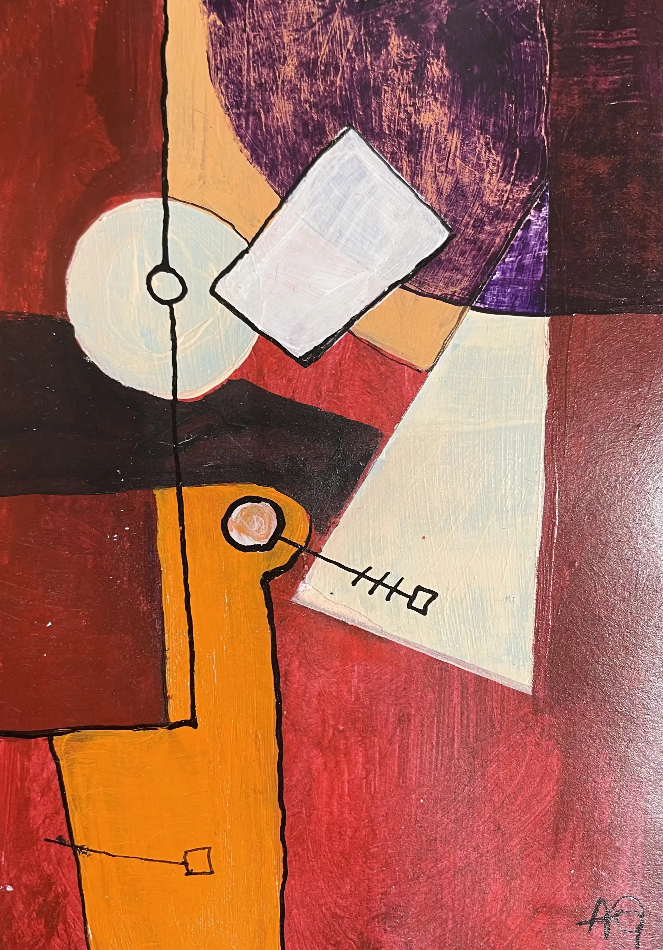 Promenade aux jardins du Luxembourg -variations d'été - Variation 2 by Arnaud Quercy at Art Quam Anima — Acrylic Painting on Paper, Abstract acrylic painting: geometric shapes in warm earth tones with orange, russet, and purple accents on paper