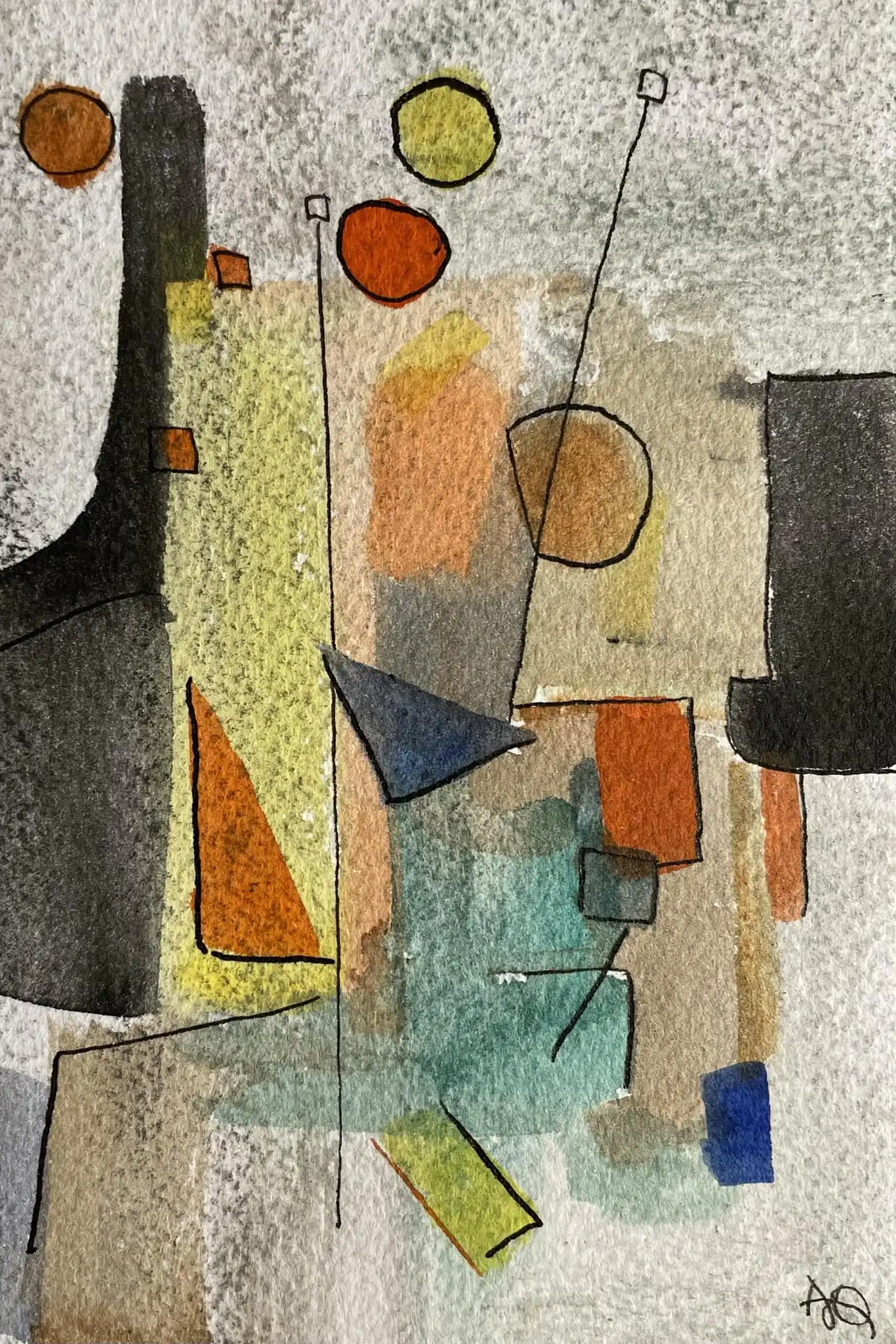 Abstract watercolor with silver-gray geometric forms, earth tone accents, and organic color transitions