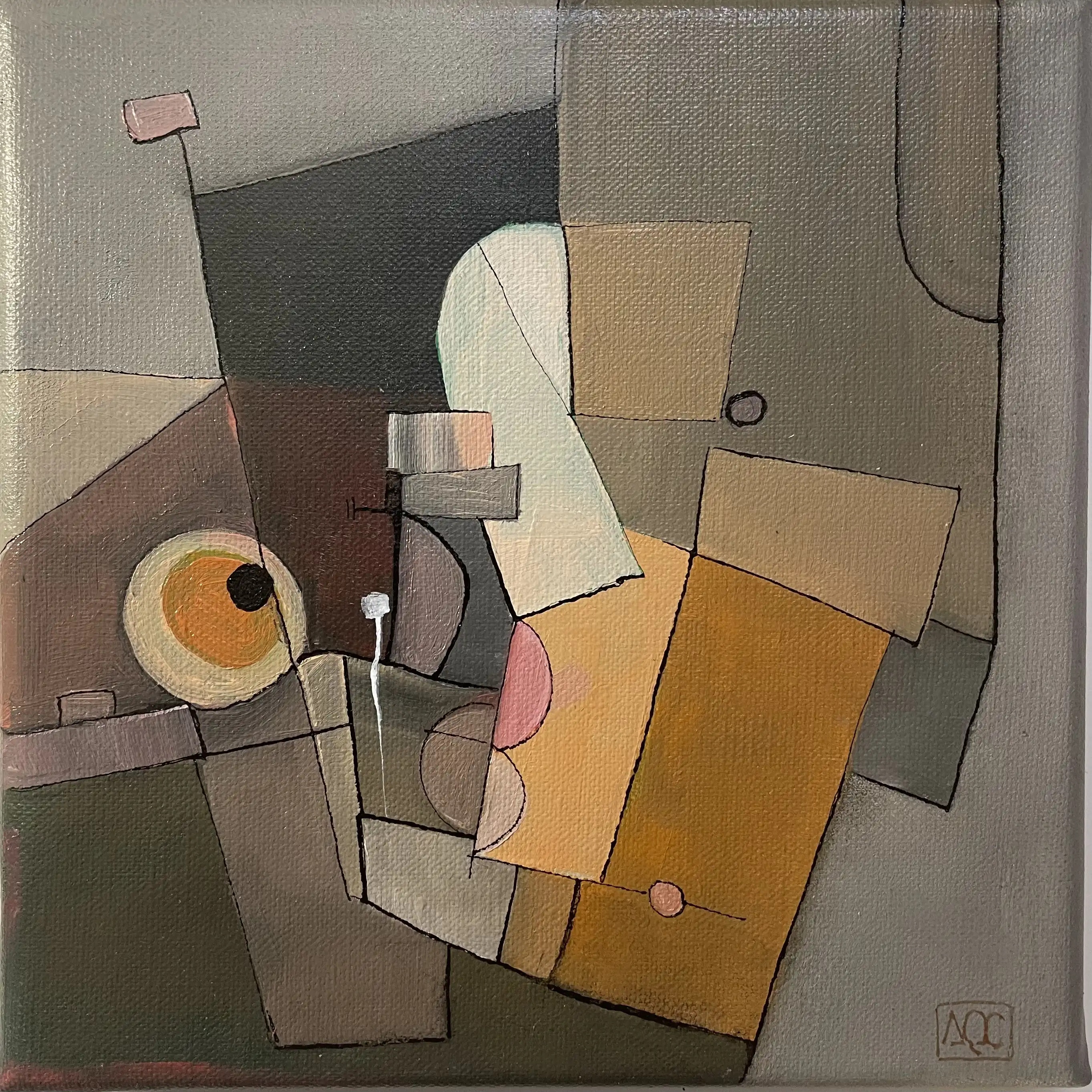 Reader Of Parc Monceau, Paris by Arnaud Quercy at Art Quam Anima — Oil Painting on Canvas, Abstract Cubist oil painting: geometric forms in yellow-orange and brown tones with salmon-pink accent, fragmenting reading figure