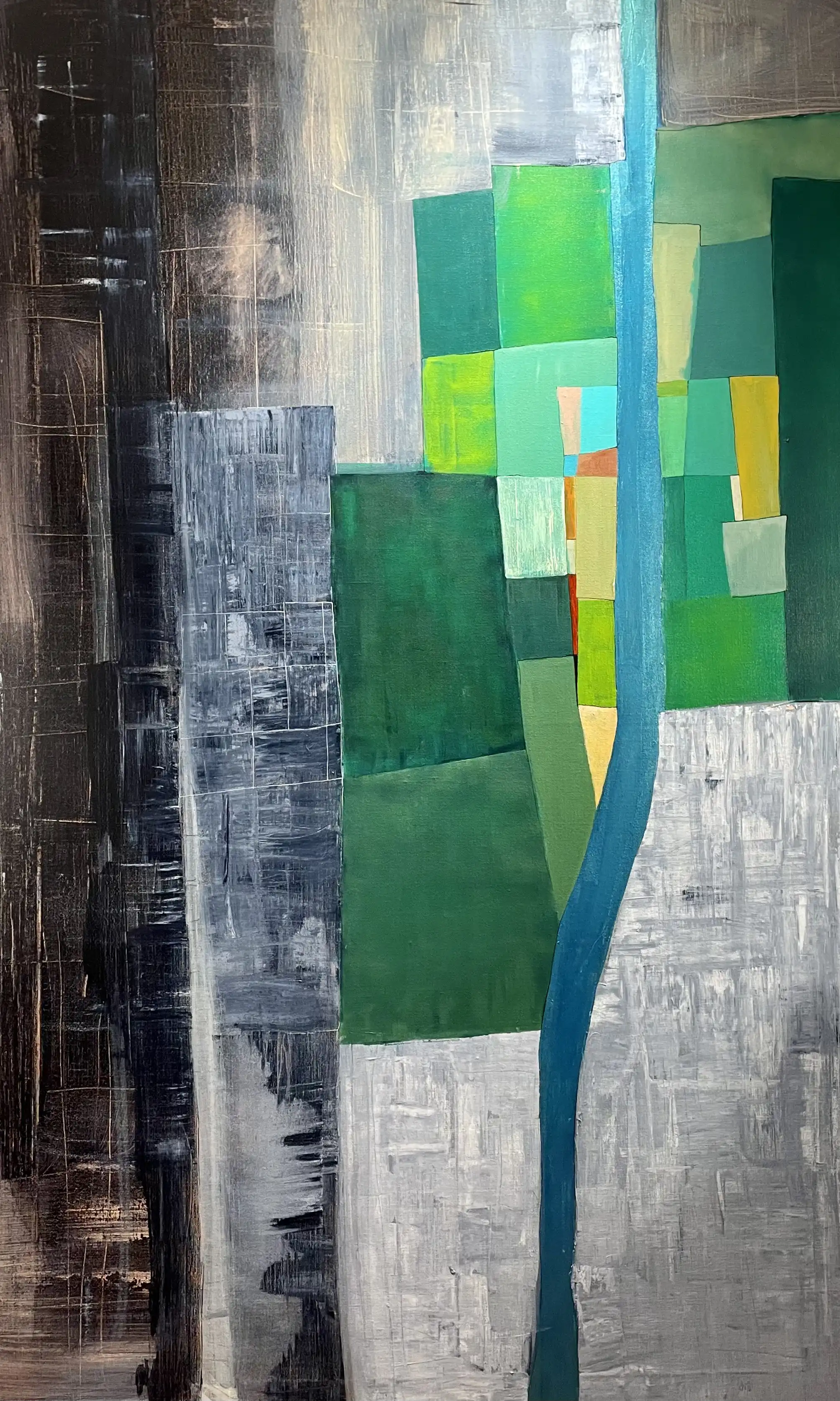 Vertical acrylic painting: gray urban forms with green organic shapes and central blue element on linen canvas