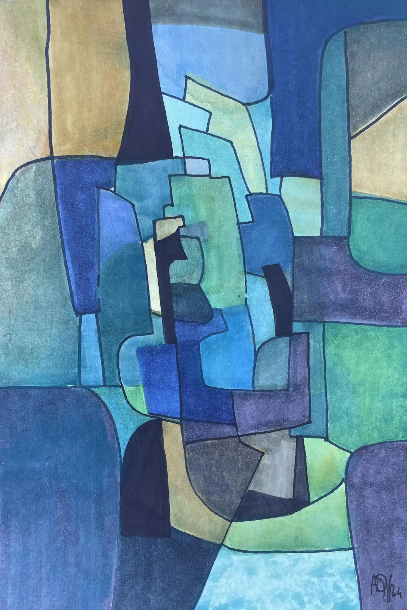 Geometric watercolor: blue-violet and aquamarine shapes with ochre accents in vertical composition