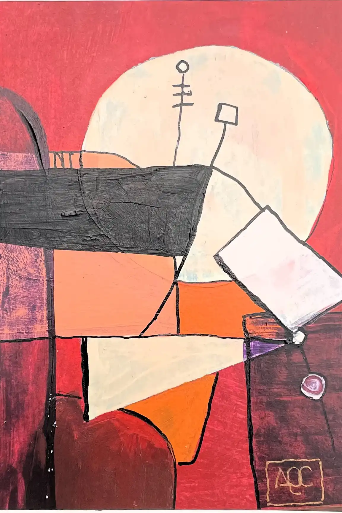 Abstract geometric composition with red-orange shapes, warm neutral areas, and curved elements on paper