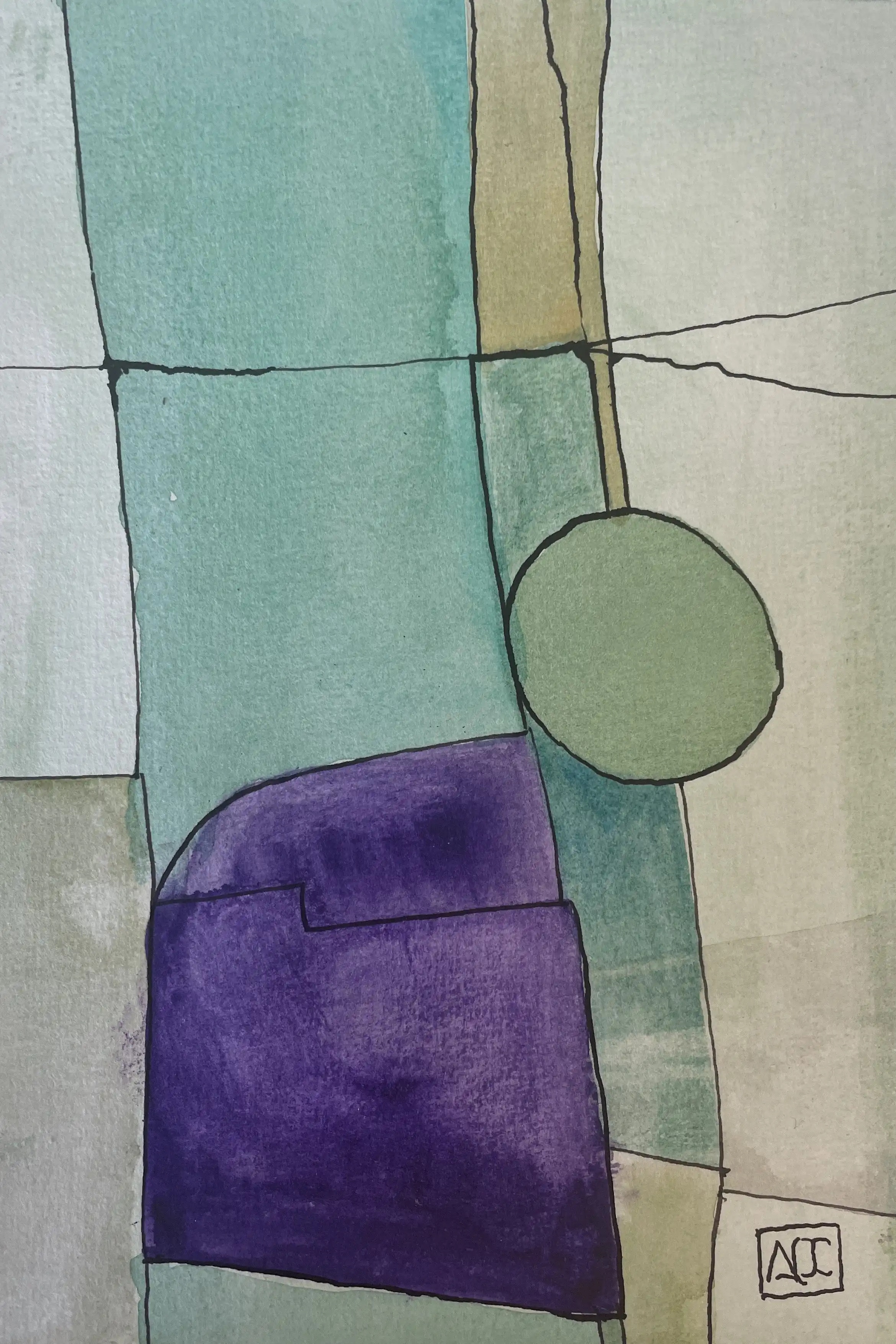 Terraces of Ronda - Ancient Path by Arnaud Quercy at Art Quam Anima — Watercolor Painting on Paper, Watercolor painting with steel gray and sea green geometric forms creating abstract architectural composition