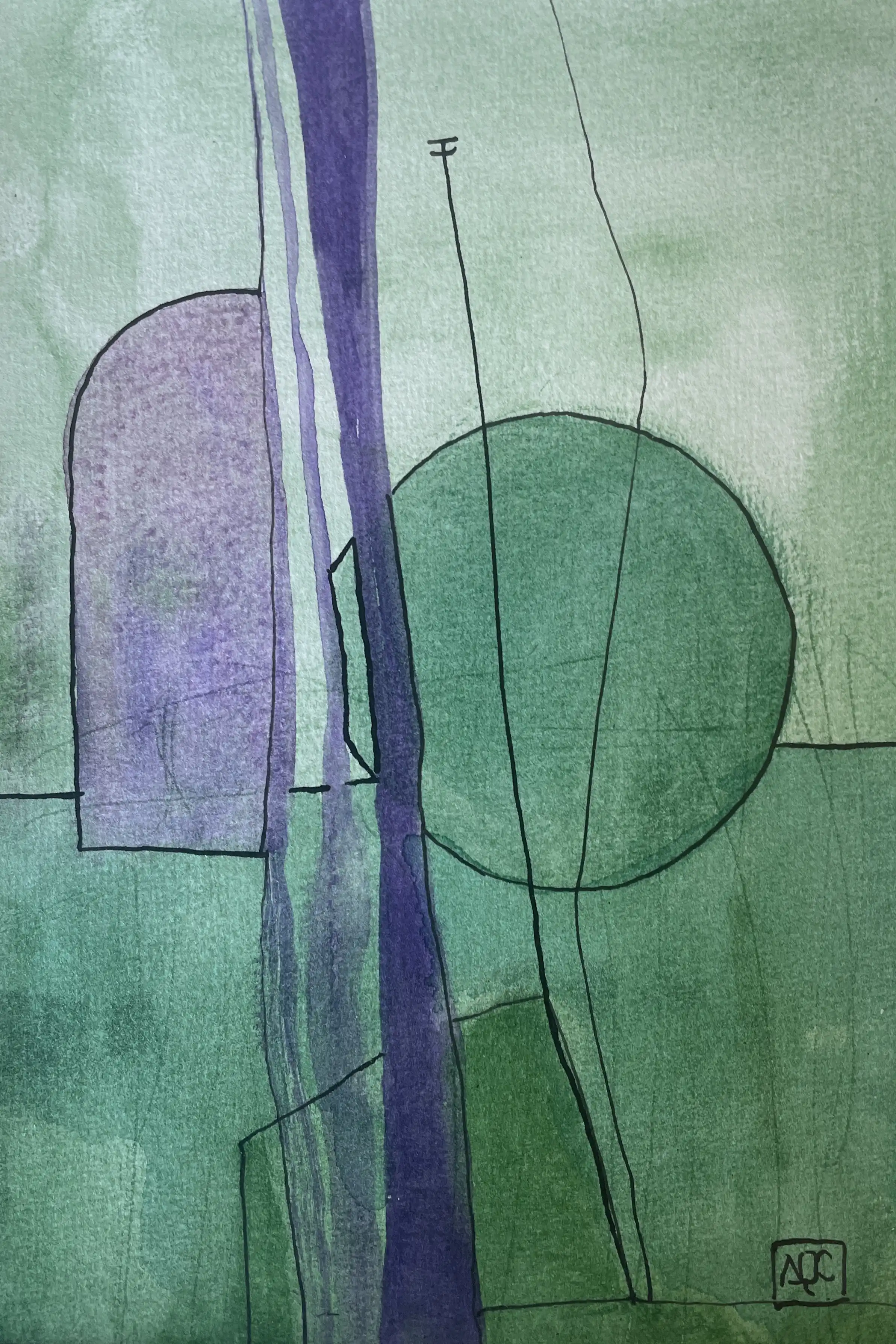 Abstract watercolor: purple rectangle, green circle, linear elements in muted green and violet tones