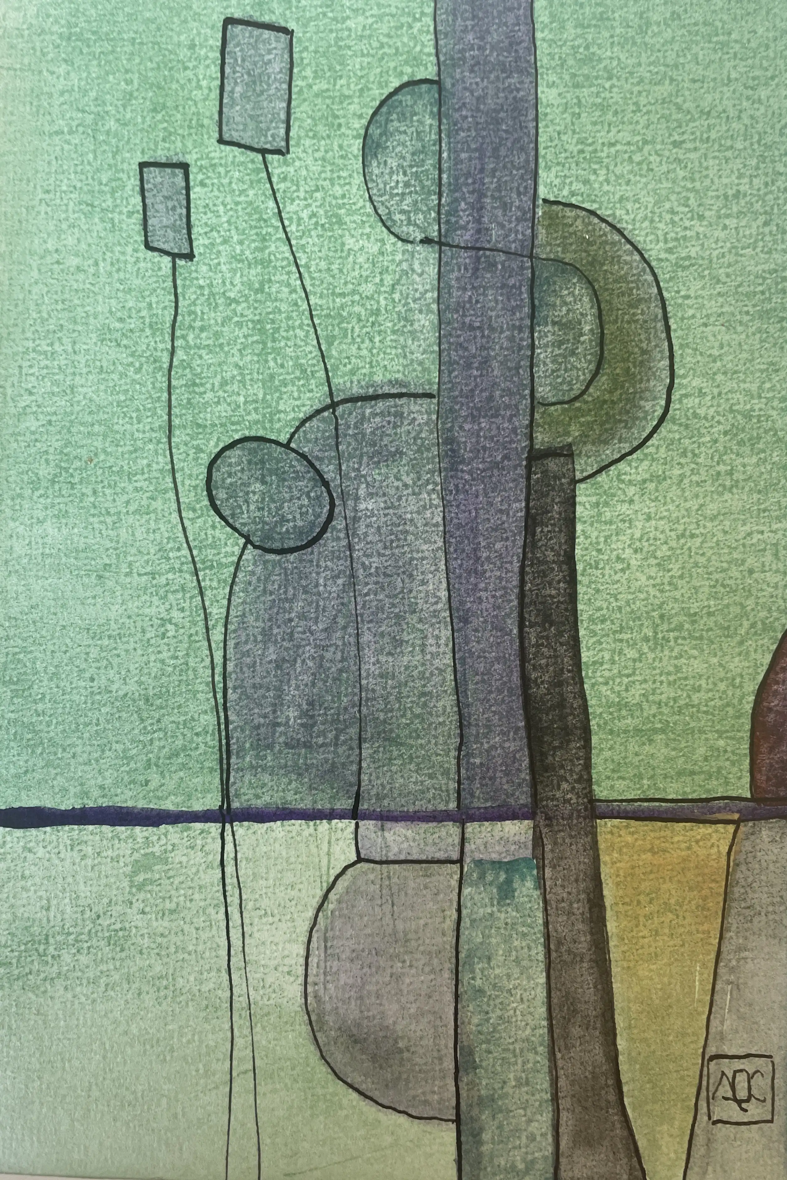 Abstract watercolor with yellow-green tones, geometric forms and linear elements suggesting landscape