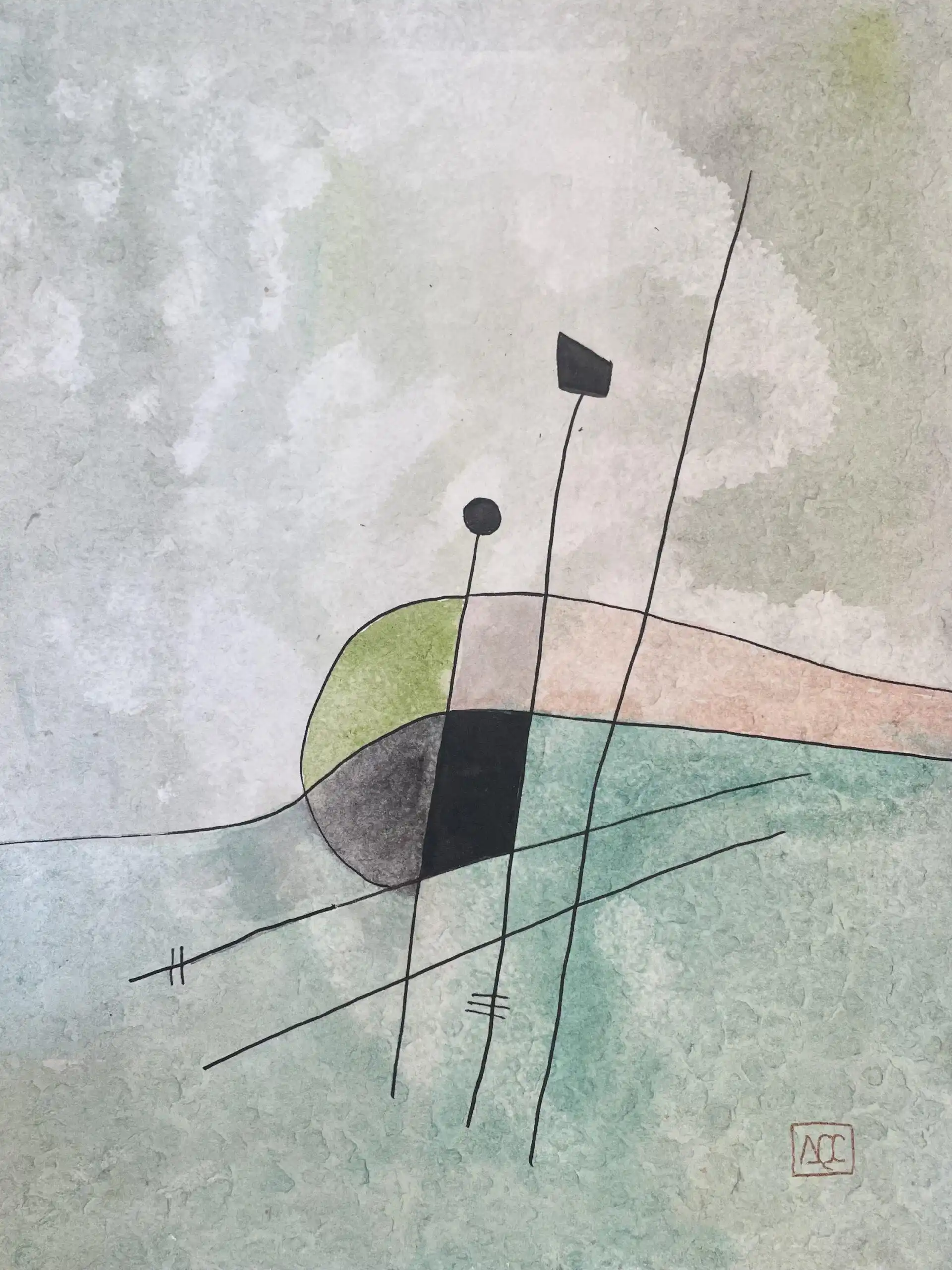 Aquarelle abstraite avec fond gris clair, formes géométriques jaune-vert et grises, et éléments linéaires